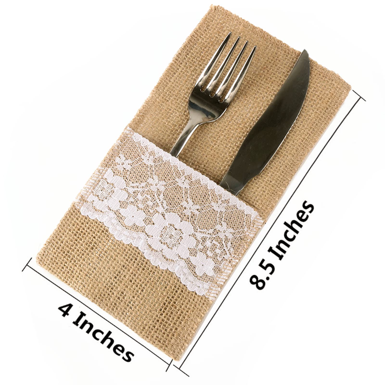 Fqtanju 50 Pcs 4''X8'' Burlap Lace Utensil Cutlery Holders Pouch Silverware Holder Knifes Forks Bags Burlap Napkin Bag For Rusti