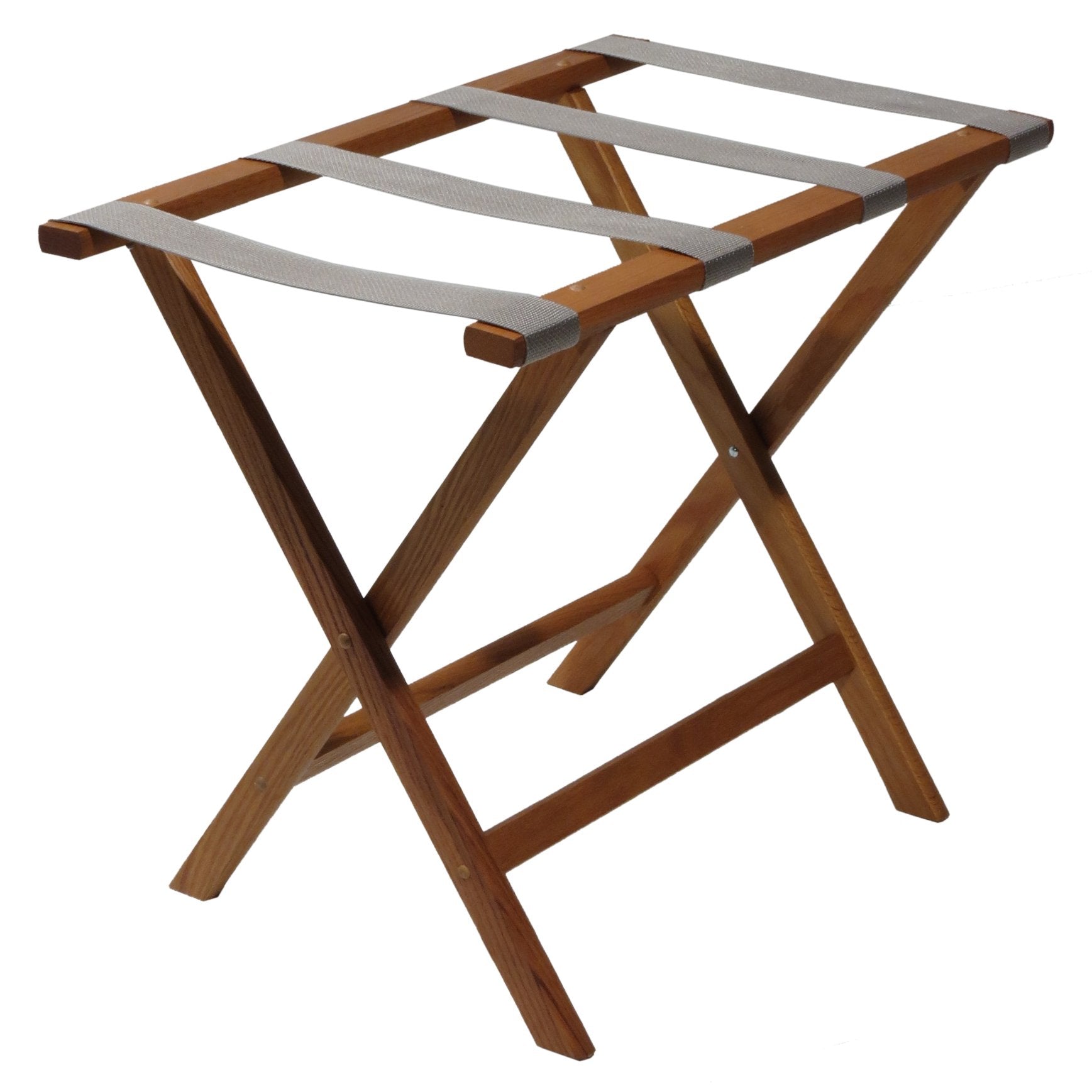 Wooden Mallet Deluxe Straight Leg Luggage Rack  Grey Straps  Medium Oak