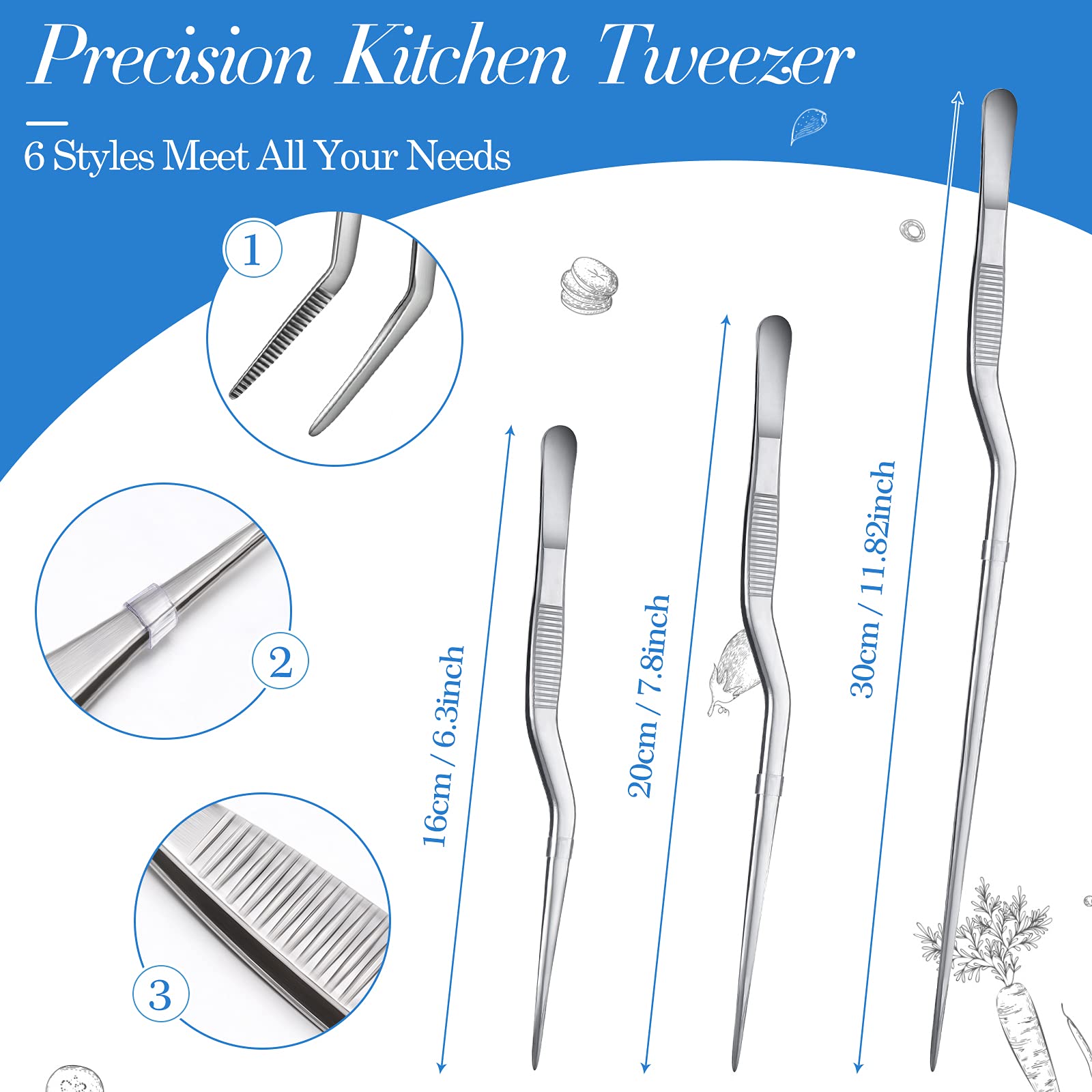 3 Pieces Stainless Steel Tweezers Tongs Cooking Tweezers Precision Kitchen Tongs Plating Food Tweezers Metal Culinary Tweezers C