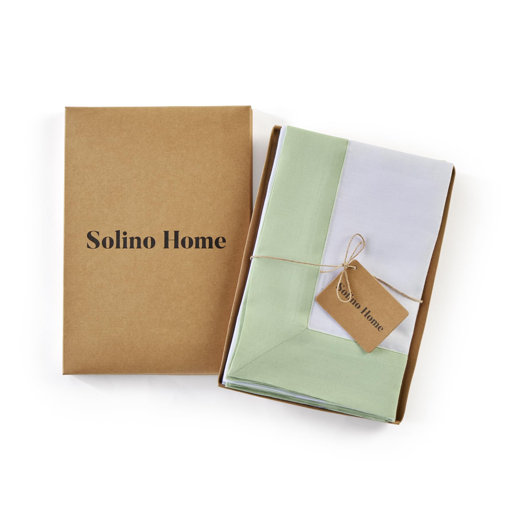 Solino Home Linen Dinner Napkins 20 X 20 Inch - 100% Pure Linen Light Green And White Cloth Napkins Set Of 4 - Contempo, Handcra