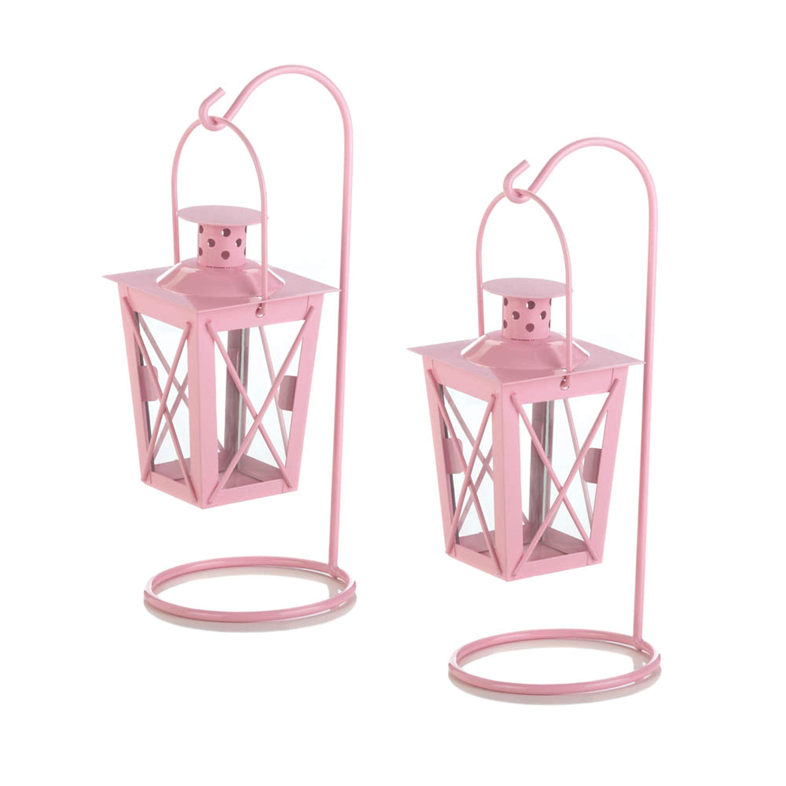 Accent Plus Zingz & Thingz Dual Hanging Tabletop Railroad Candle Lanterns, Decorative Light Home Decor, 9 Tall, Pink