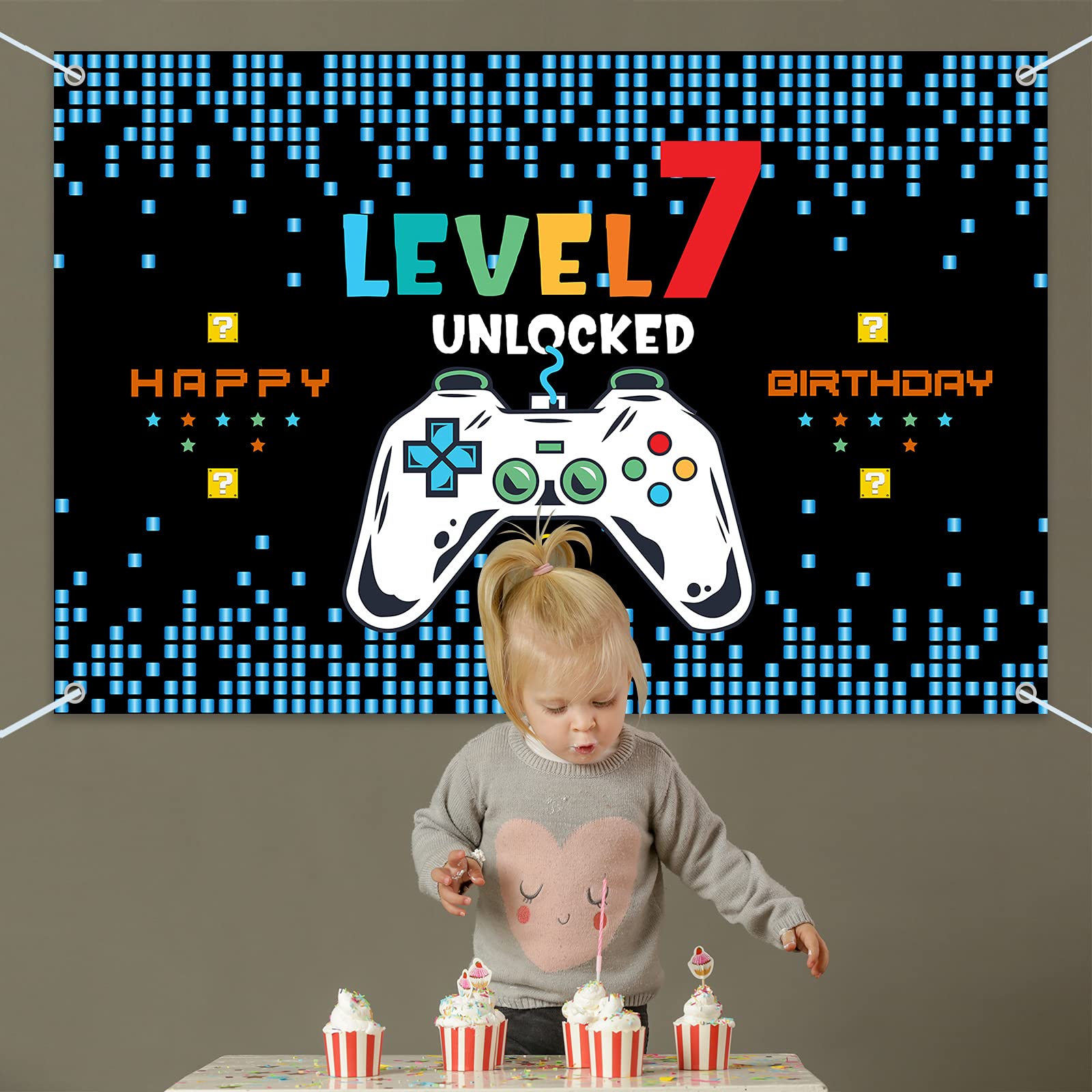 Hamigar 6X4Ft Happy 7Th Birthday Baner Backdrop - Level 7 Unlocked Birthday Decorations Party Supplies For Boys - Blue