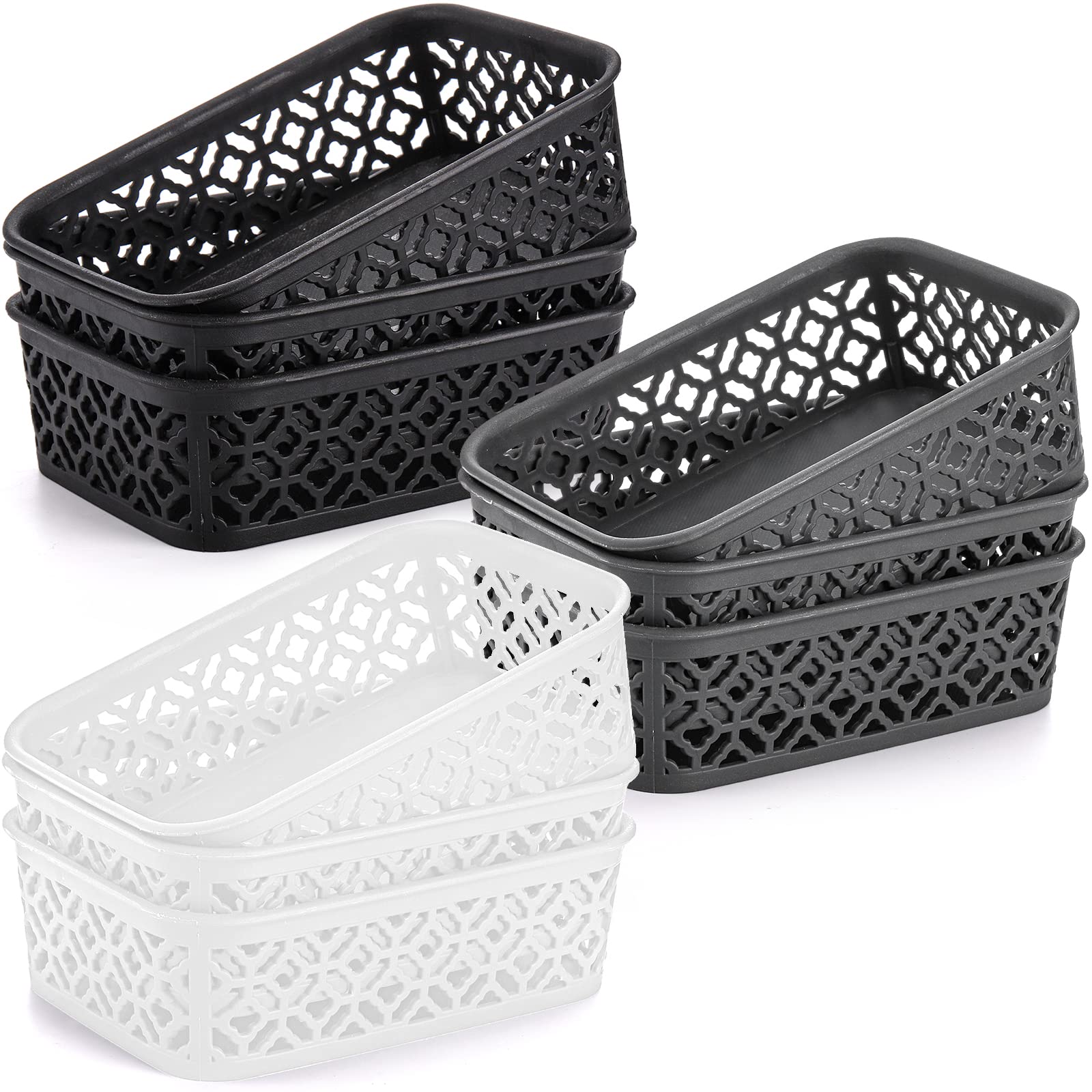 Zeayea 9 Pack Small Plastic Storage Baskets, Woven Design, Sturdy, Black, Gray, White, 7.7'' L X 5.5'' W X 2.4'' H
