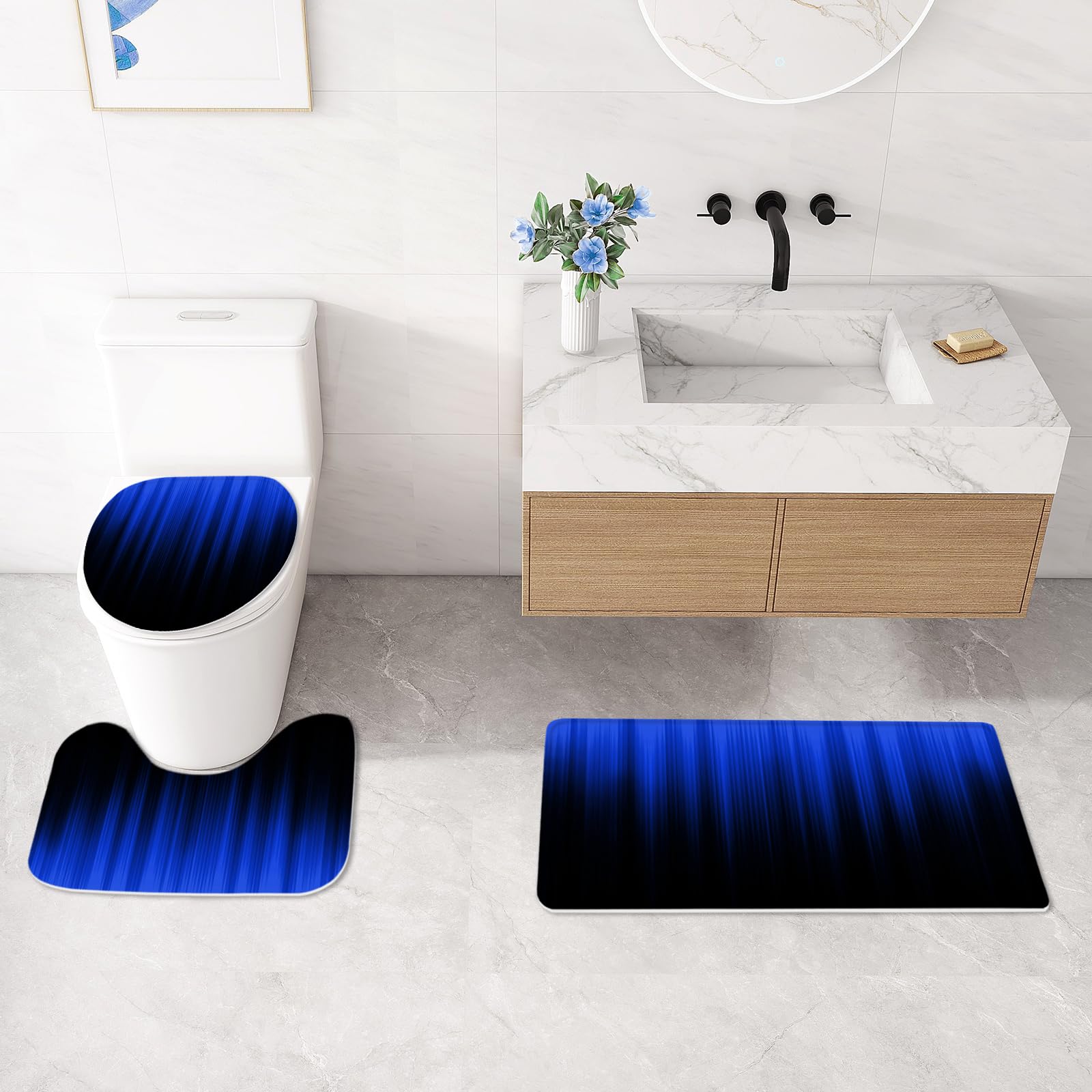 Litabel 4 Pcs Royal Blue And Black Gradient Shower Curtain Set With Rugs And Toilet Lid Cover, Modern Simple Waterproof Fabric B