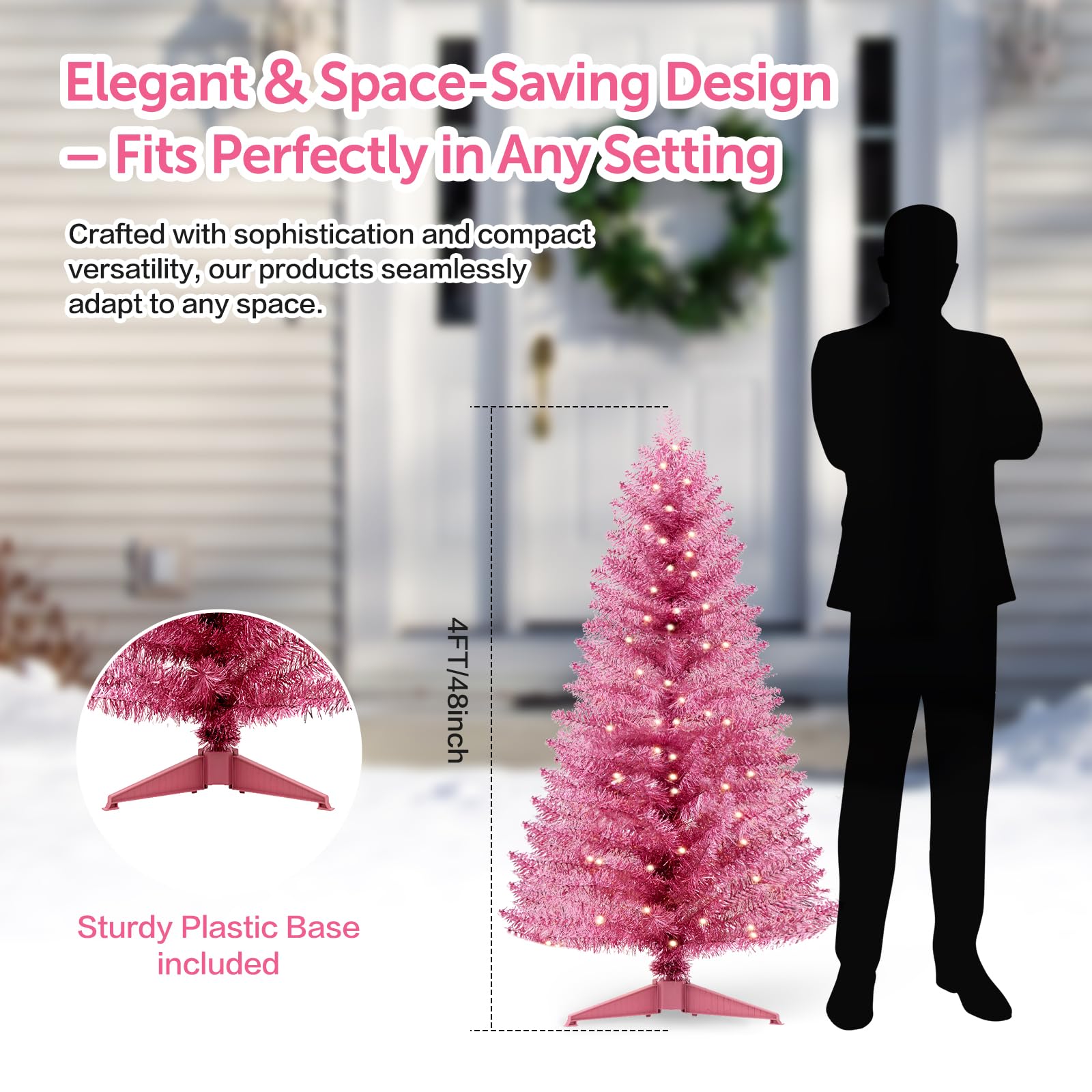 Santanelo 4FT Pink Artificial Christmas Tree with Light, Small Snowy Artificial Xmas Tree, Not Pre-lit mini Pink Tree with Light