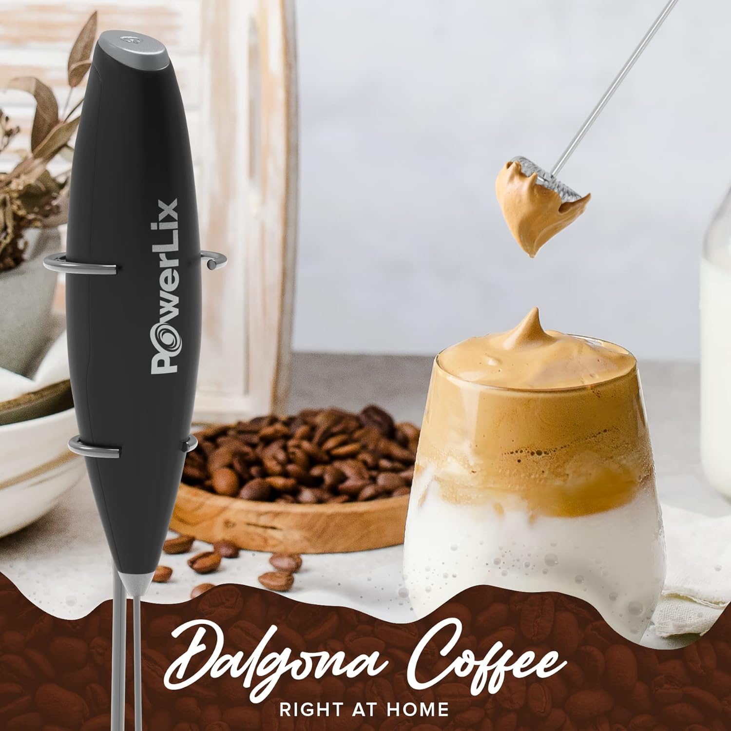 Powerlix Milk Frother Handheld Battery Operated Electric Foam Maker For Coffee, Latte, Cappuccino, Hot Chocolate, Durable Drink