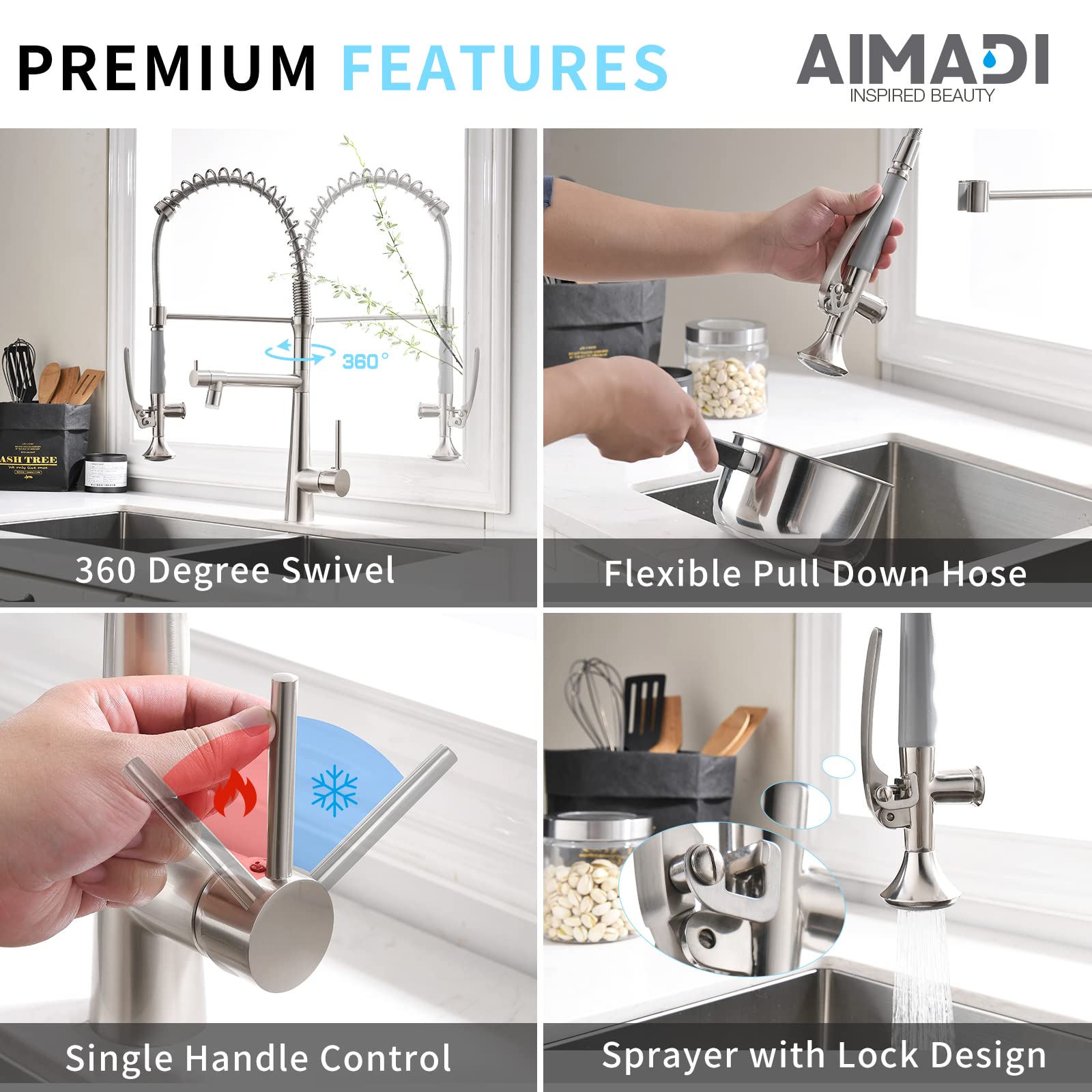 AIMADI Commercial Kitchen Faucet AM110-33N, Single Handle, Stainless Steel Brushed Nickel, with LED Light and Sprayer