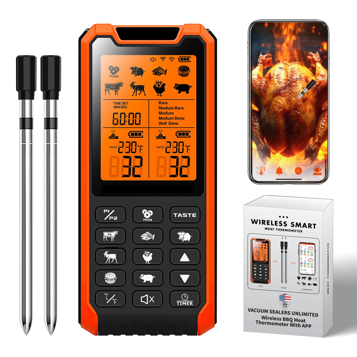 Vacuum Sealers Unlimited Smart Bluetooth Meat Thermometer - Long Range Wireless Food Thermometer, Temp Monitor With Dual Probes