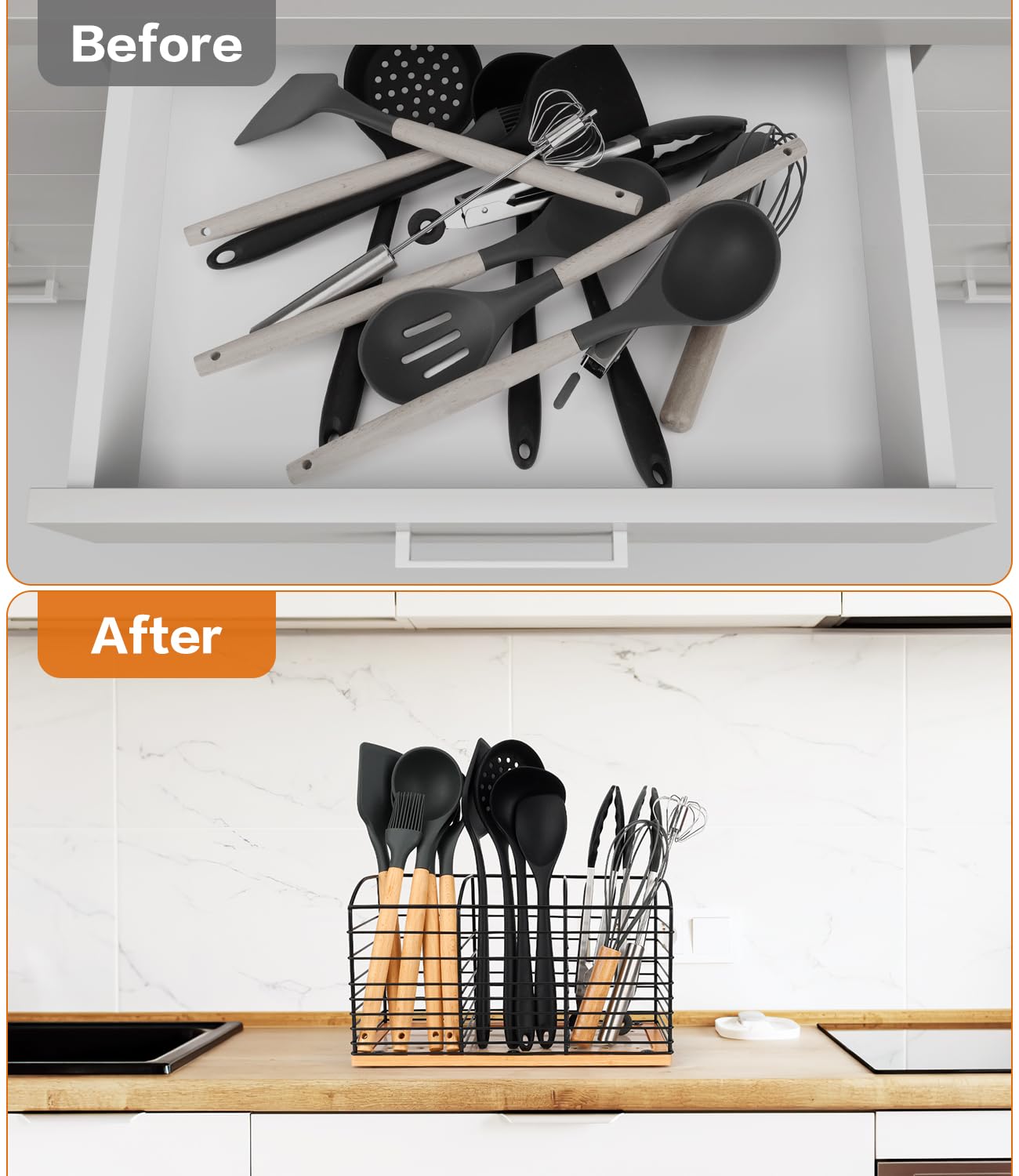 Primzooty Large Utensil Holder For Kitchen Counter - 11.8''X 6.7''X 4.7'', 3 Compartments Aesthetic Design, Kitchen Utensil Hold