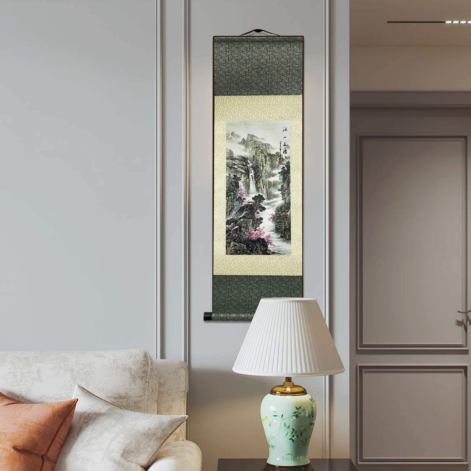AtfArt Asian Wall Decor Beautiful Silk Scroll Painting Jiangshan Duojiao - Our land is rich in beauty Oriental Decor Chinese Art Wall Scroll Wall Hanging Painting Scroll (39 x 12 in)