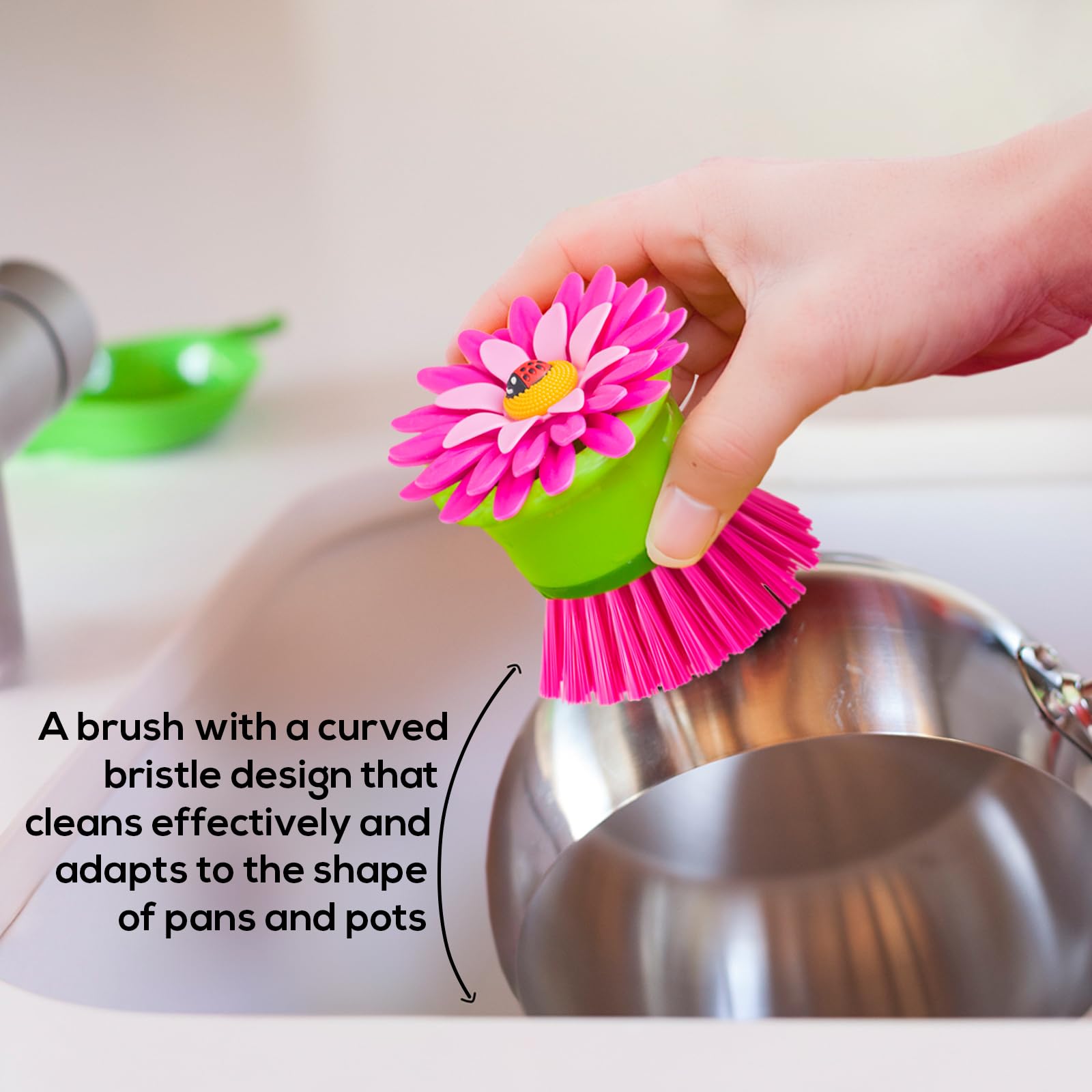 Vigar Flower Power Pink Palm Dish Brush With Holder, 5-3/4-Inches By 3-3/4-Inches, Pink, Green
