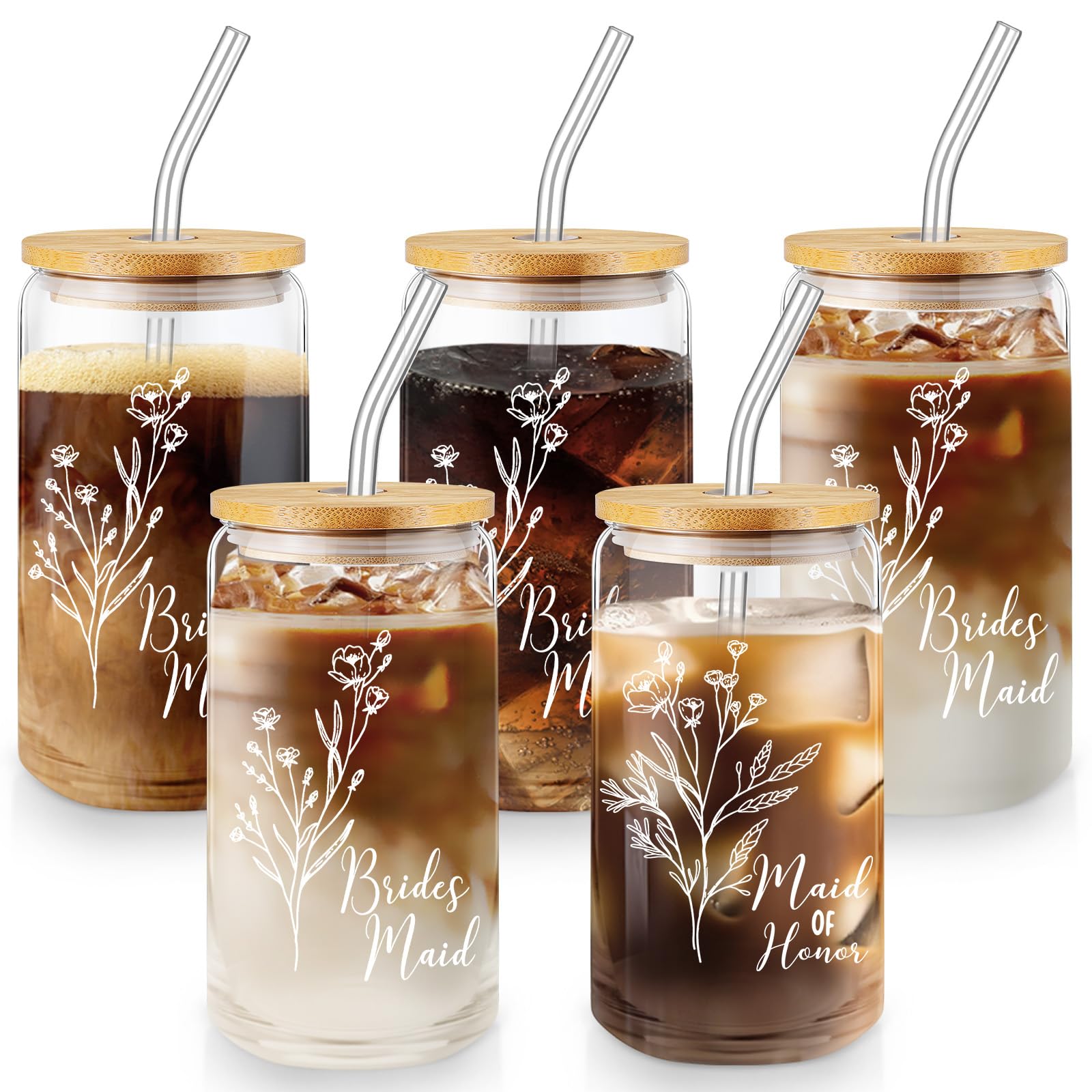 Layhit 5 Pcs Bridesmaid Gifts Bridesmaid Proposal Gifts 16 Oz Cute Can Shaped Drinking Glasses with Bamboo Lids and Glass Straw 