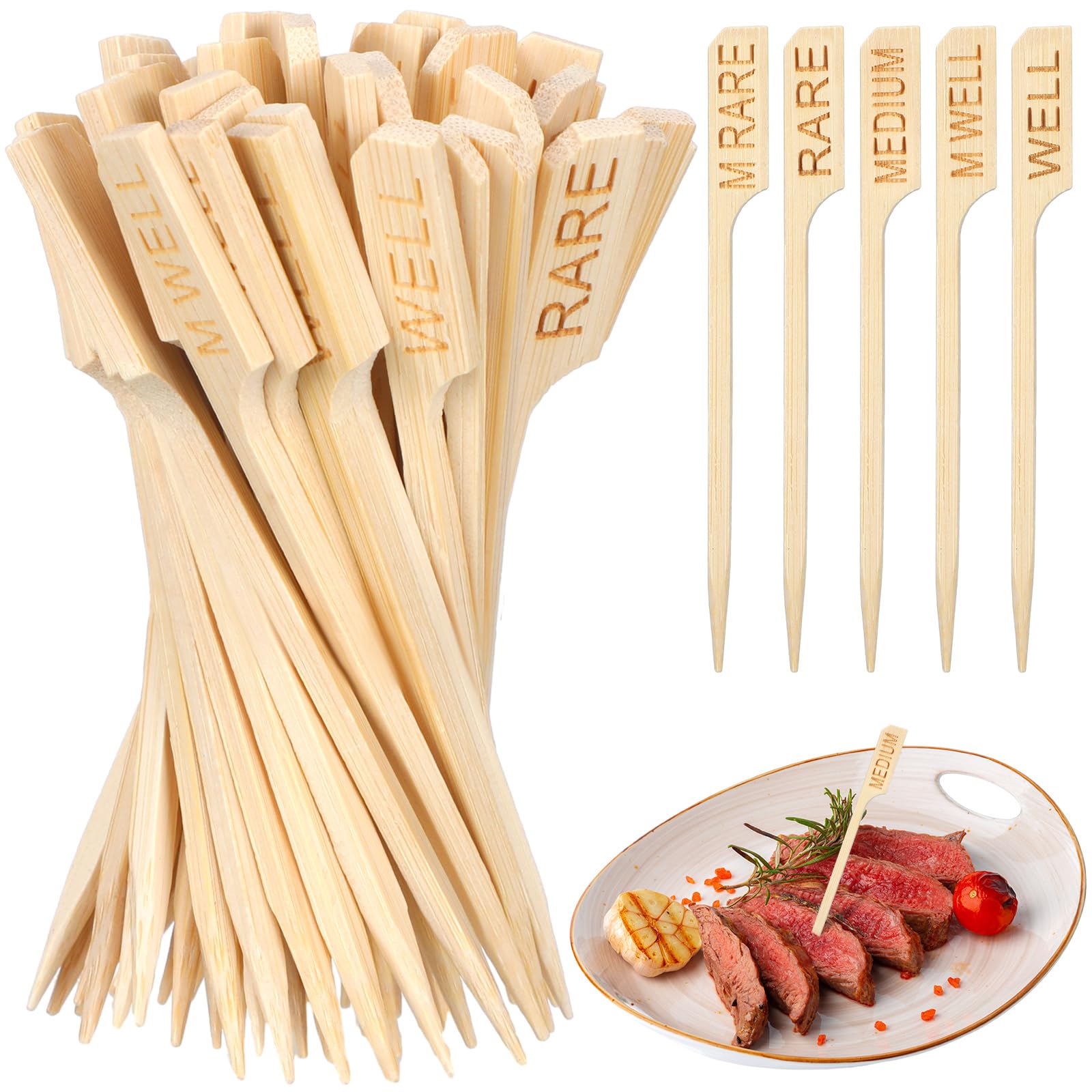 Thyle 200 Pcs 3.94 Inch Assorted Bamboo Steak Markers Wood Meat Marker Sticks Steak Temperature Sticks Meat Doneness Picks Bambo