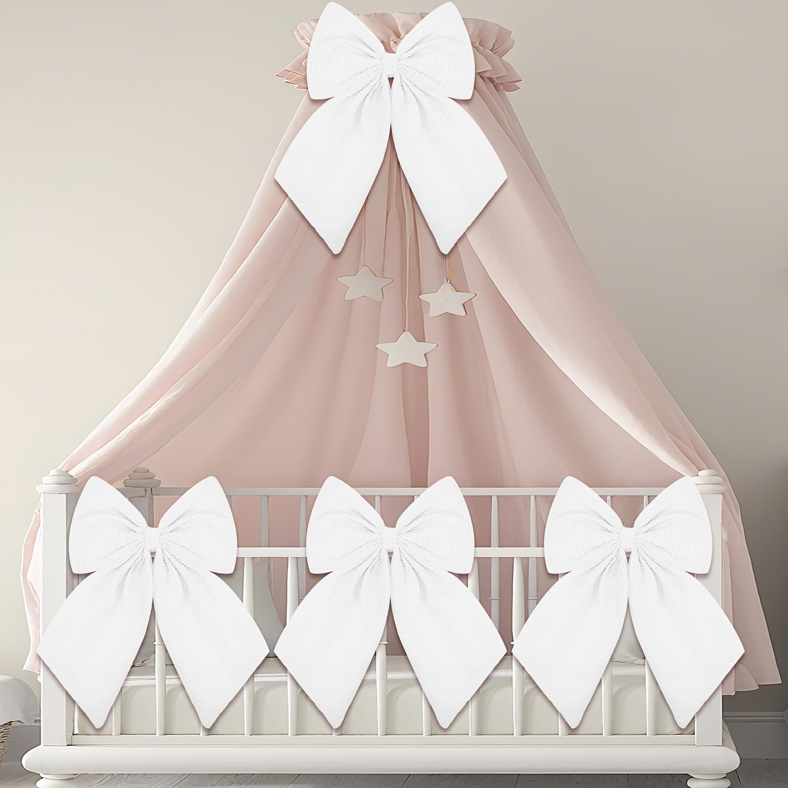 Riceshoot 4 Pcs Large Crib Bows 11 x 16 inch Coquette Bow Decorations for Nursery Crib Canopy Bed Large Bow Room Nursery Decor I