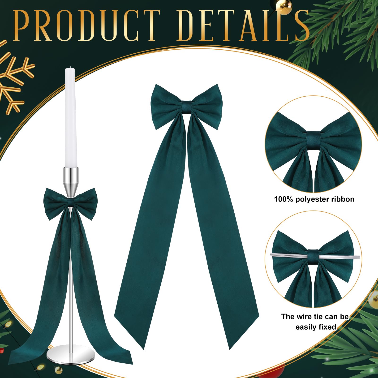 Teenyyou 12 Pcs Green Christmas Candlestick Bows Decor 13 Inch Large Coquette Decorations Bows for Table Self Adhesive Candle Ho