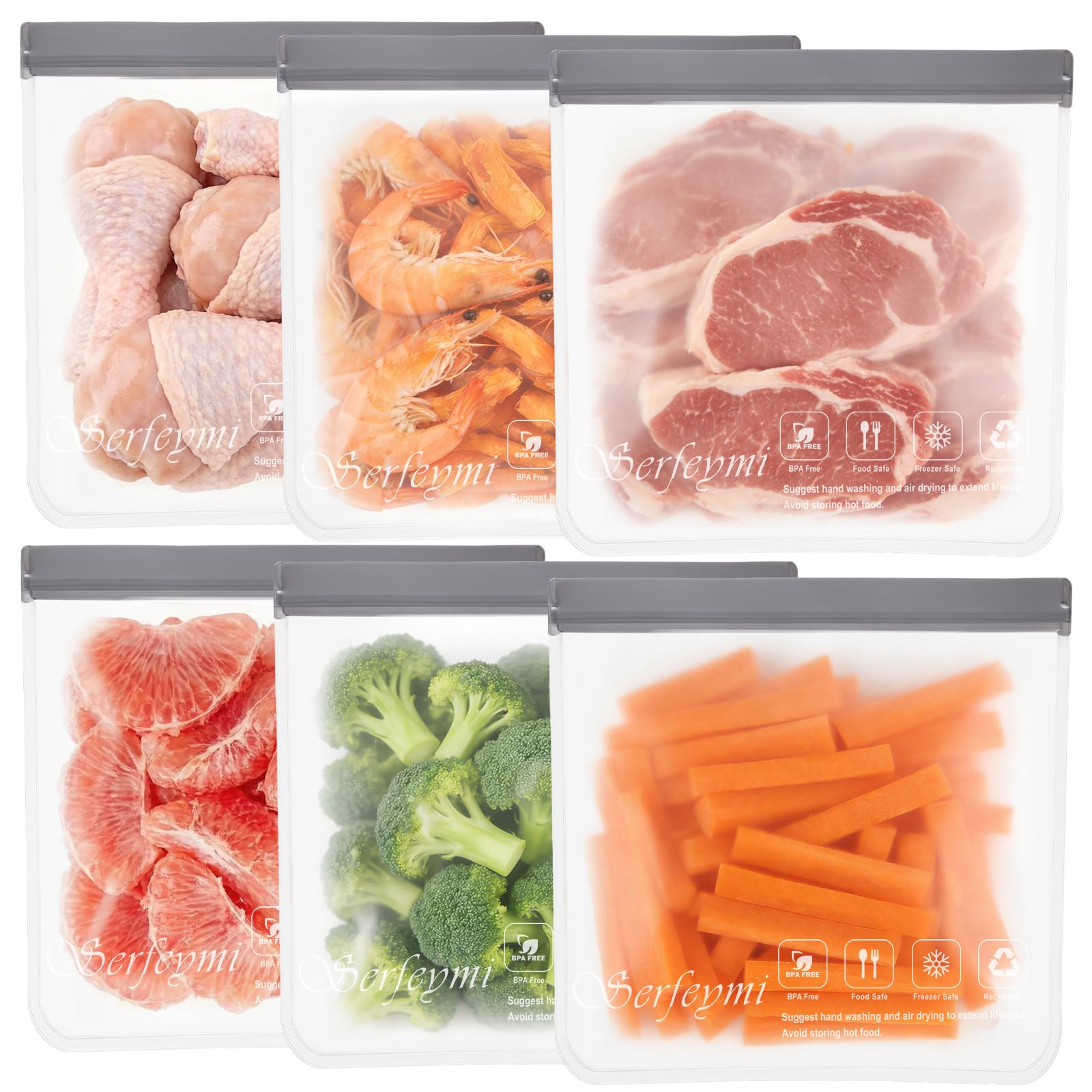 Serfeymi 6 Pack Reusable Gallon Freezer Bags, Extra Thick Large Food Storage Bags Bpa Free, Leak Proof Reusable Plastic Bags For