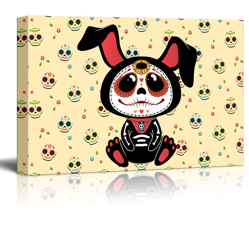 Wall26 - Canvas Print Wall Art - Day Of The Dead (Dia De Los Muertos) Style Bunny With Skulls Background - Gallery Wrap Modern H