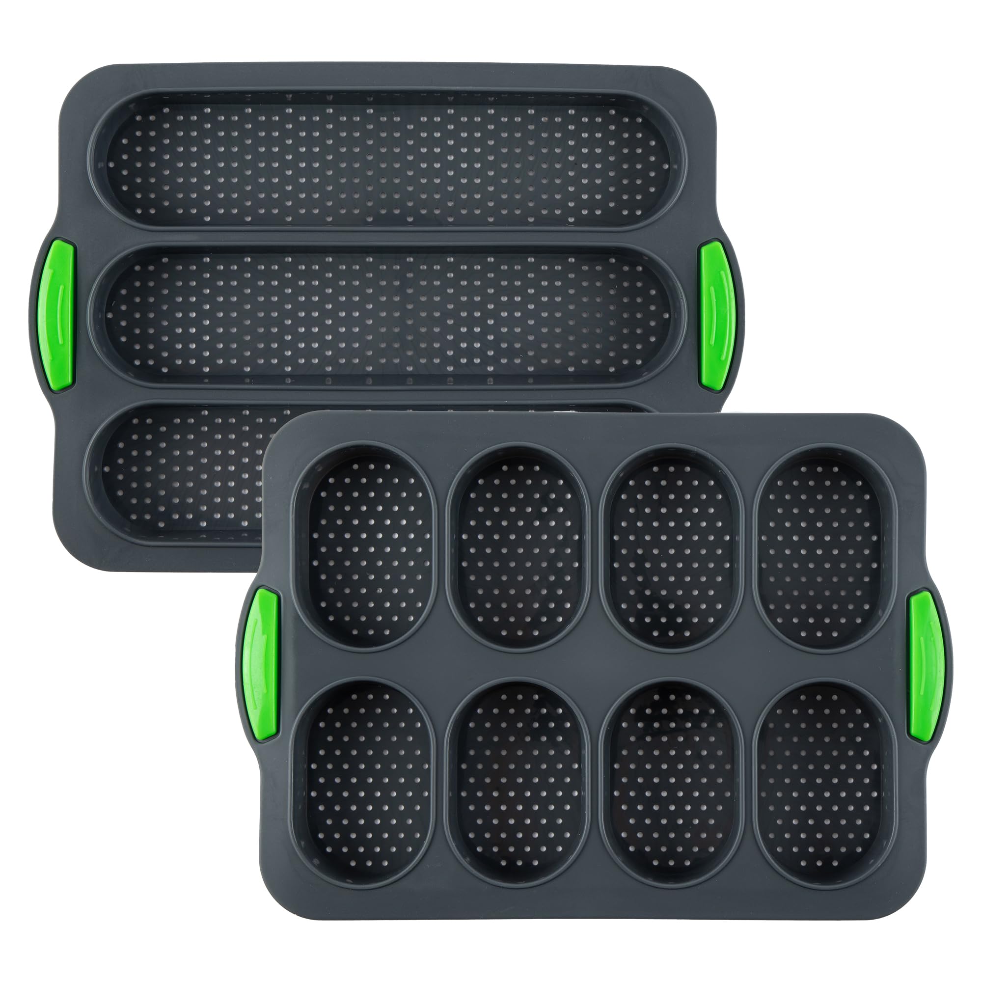 JBESUHI Set of 2 Nonstick Silicone Baguette Pans - 8 Gutter Perforated Baking Trays, 3-Wave Long Loaf Molds for French Bread, Ha