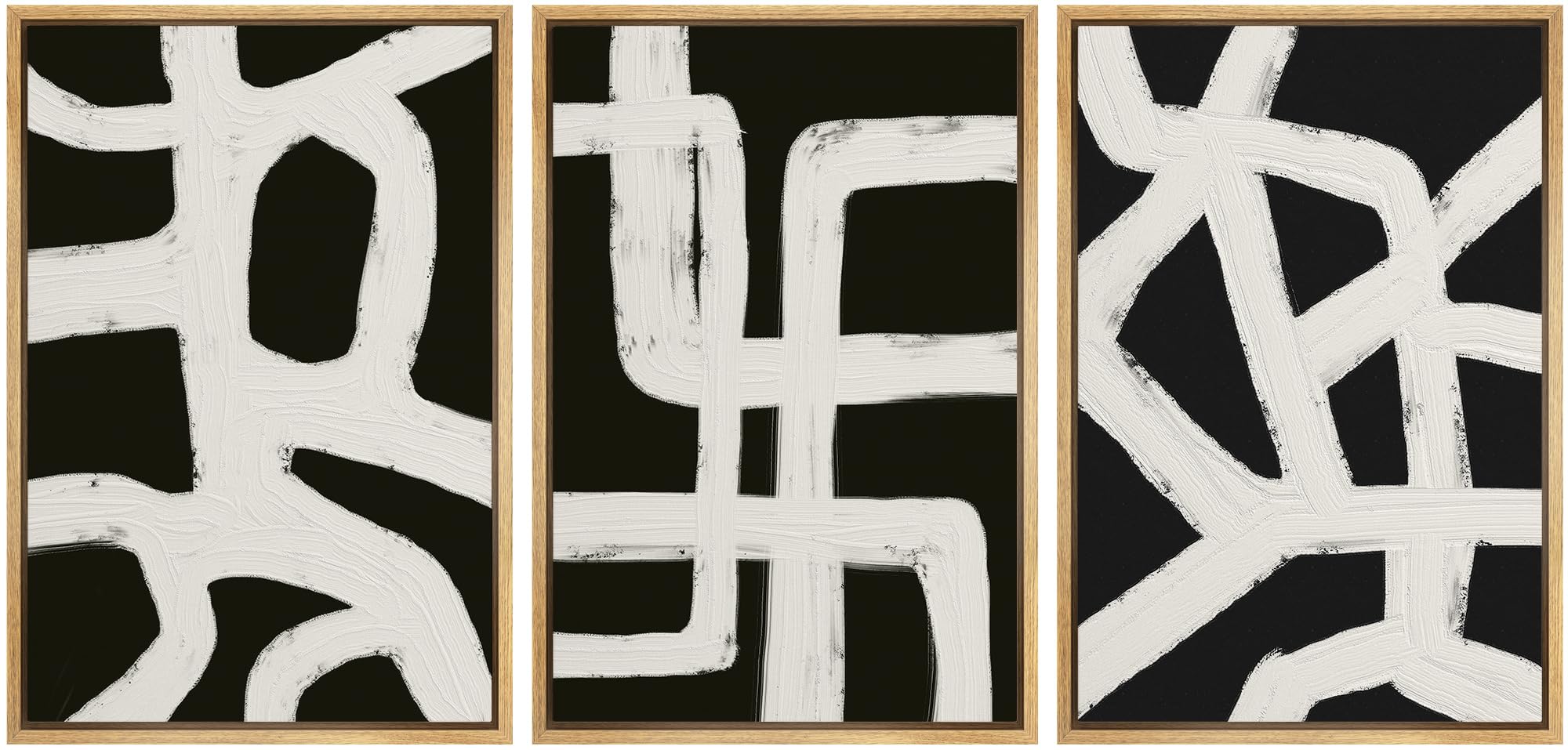 Signford Framed Canvas Print Wall Art Set Minimalist White Brushstrokes On Black Background Illustrations Modern Art Relax/Calm