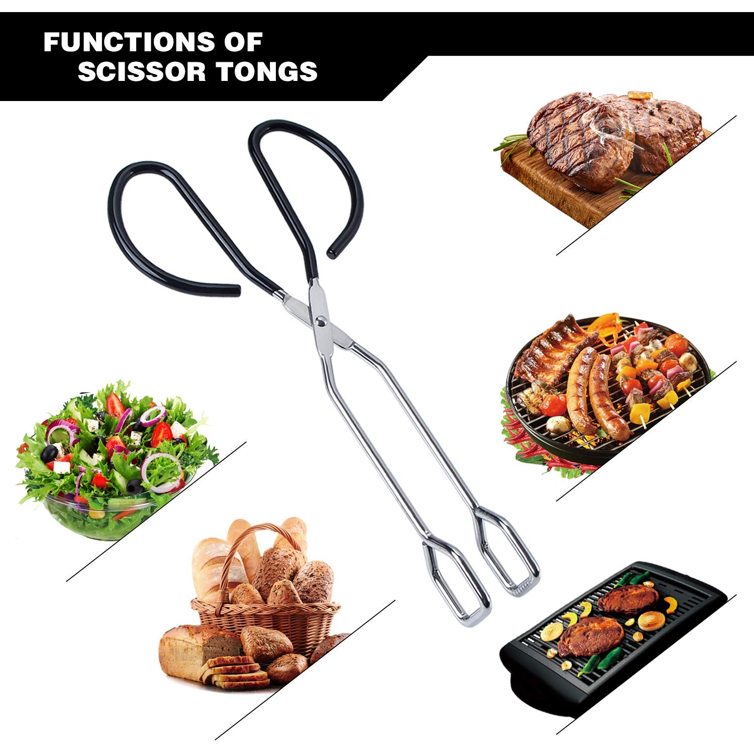 Msy Bigsunny Stainless Steel Scissor Tongs Heavy Duty Cooking Tongs With Soft Handles (2, Black 10'' + 10'')