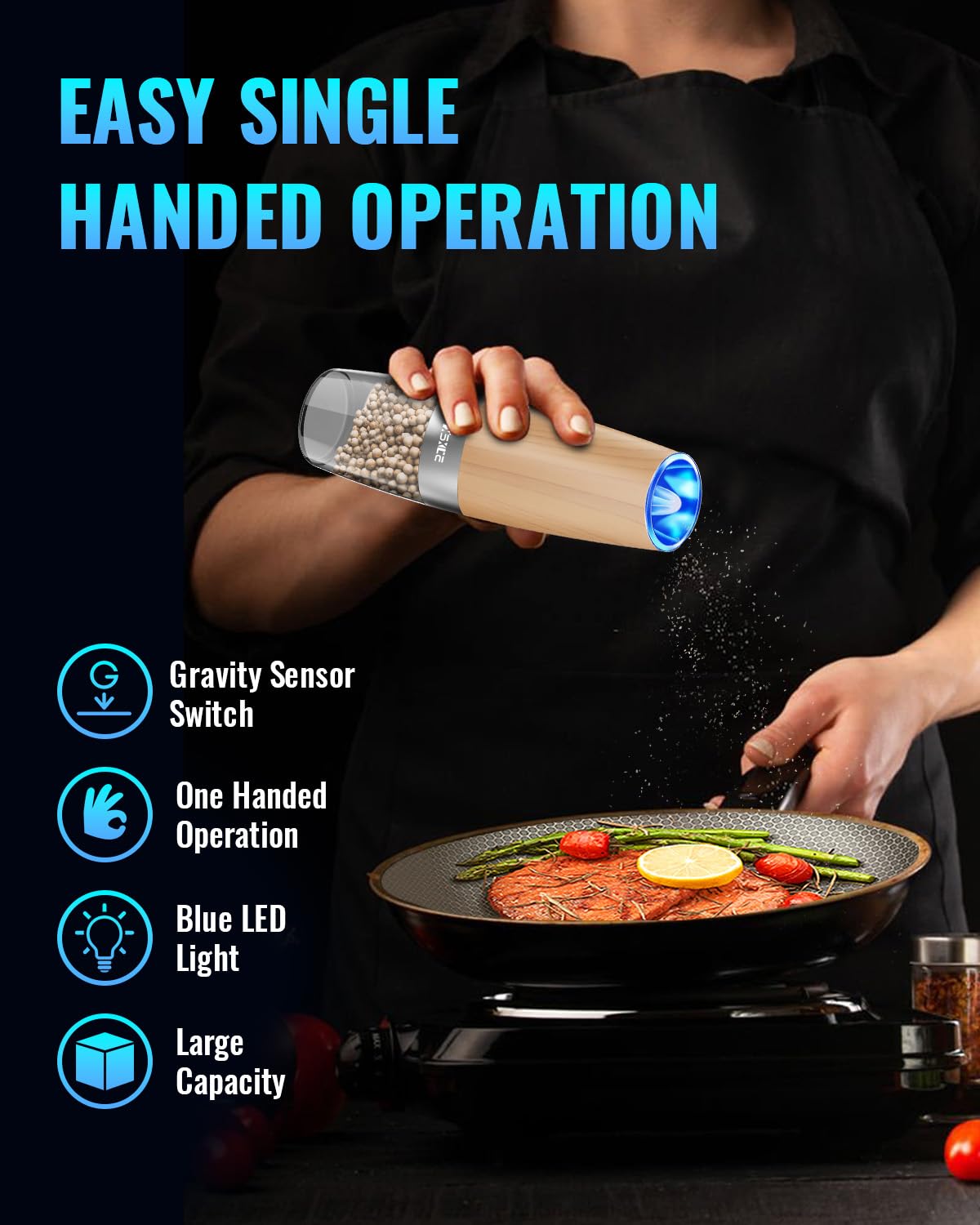 XinXu Electric Pepper Grinder, Salt or Pepper Mills & Adjustable Coarseness, with LED Light, One Hand Automatic Operation -Set/R