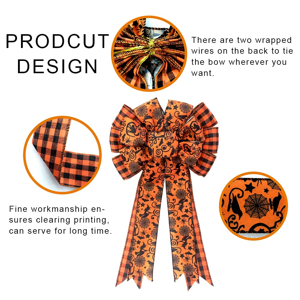 Buffalo Plaid Halloween Bow - Large Black & Orange Spider Web Bat Tree Topper - Gift Bows for Party & Home Decoration