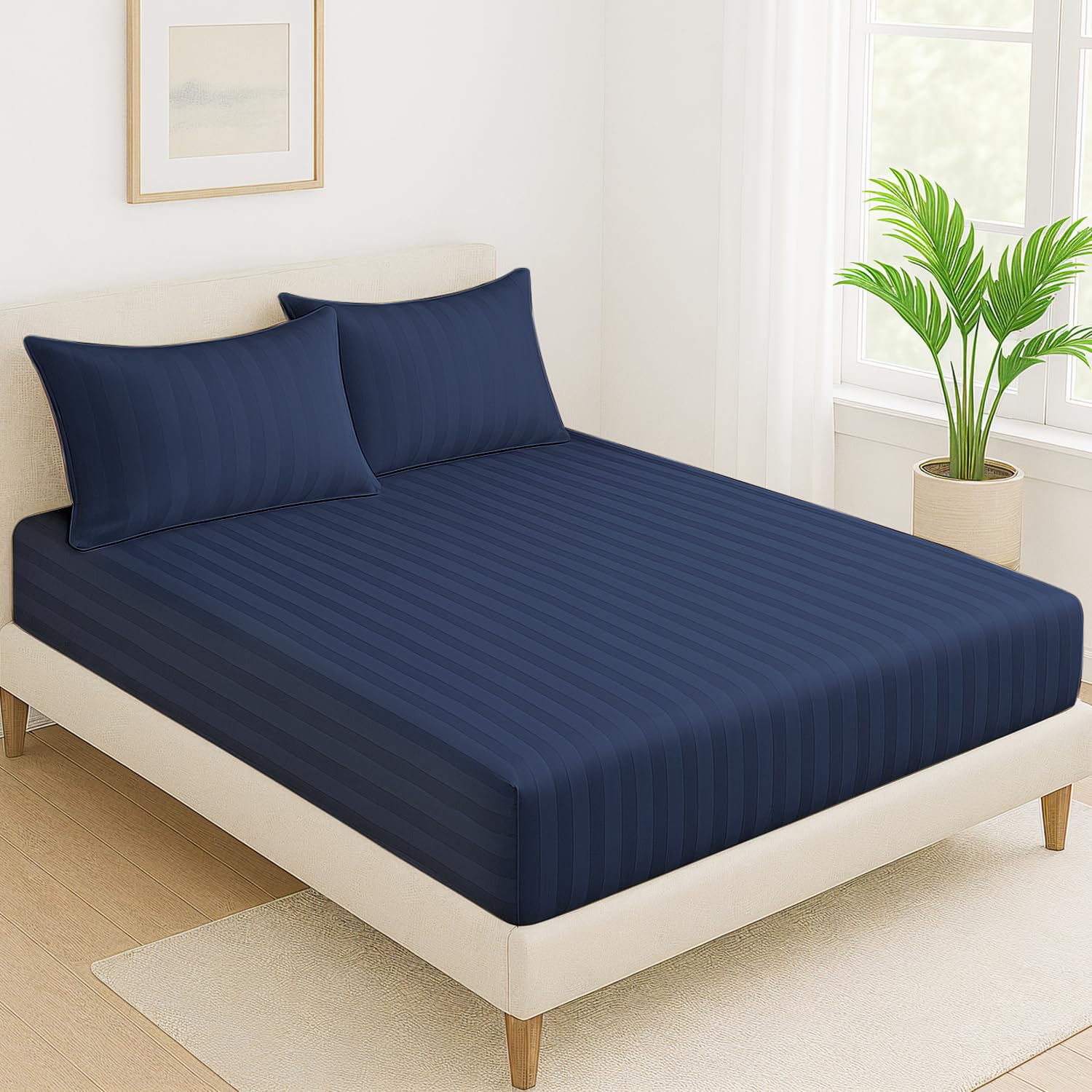 Cloth Fusion Elastic Fitted Glace Cotton Satin Striped Bedsheet Queen Size For Double Bed With 2 Pillow Covers (78X60 Inches, Na