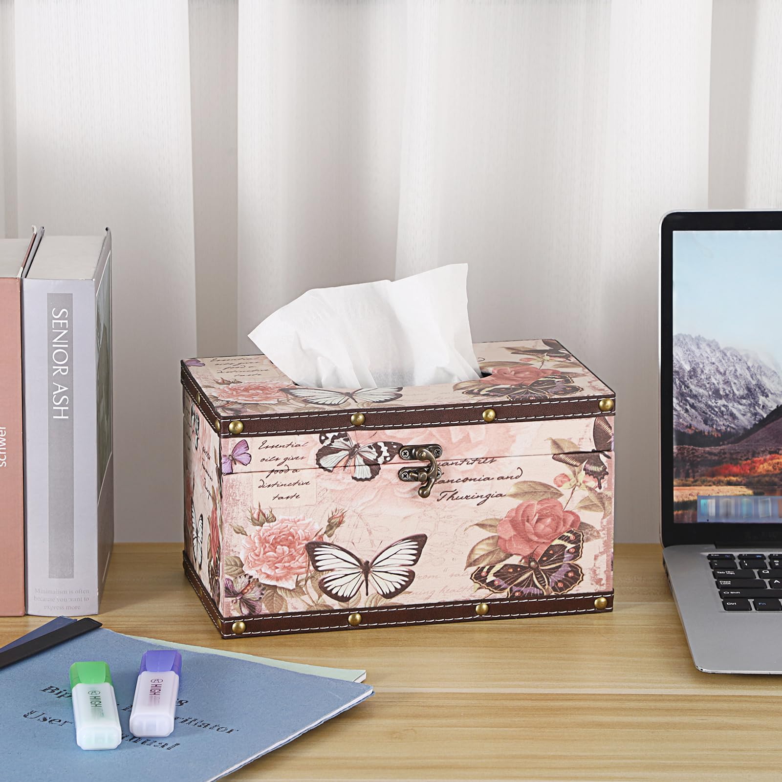 Sumnacon Tissue Box Cover Rectangle Wood Tissue Box With Hinged Lid,Vintage Pu Tissue Box Holder Retro Pink Tissue Cover For Bat