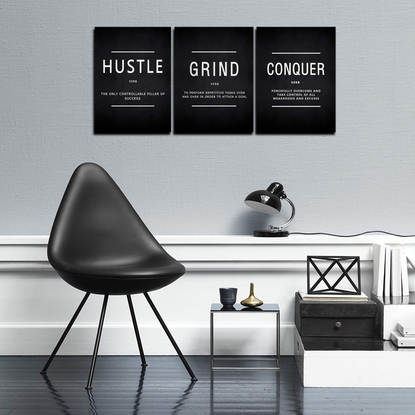 Kawahone Success Quotes Wall Art, Grind Hustle Conquer Motivation Wall Poster Framed Positive Sayings Wall Hanging Inspirational