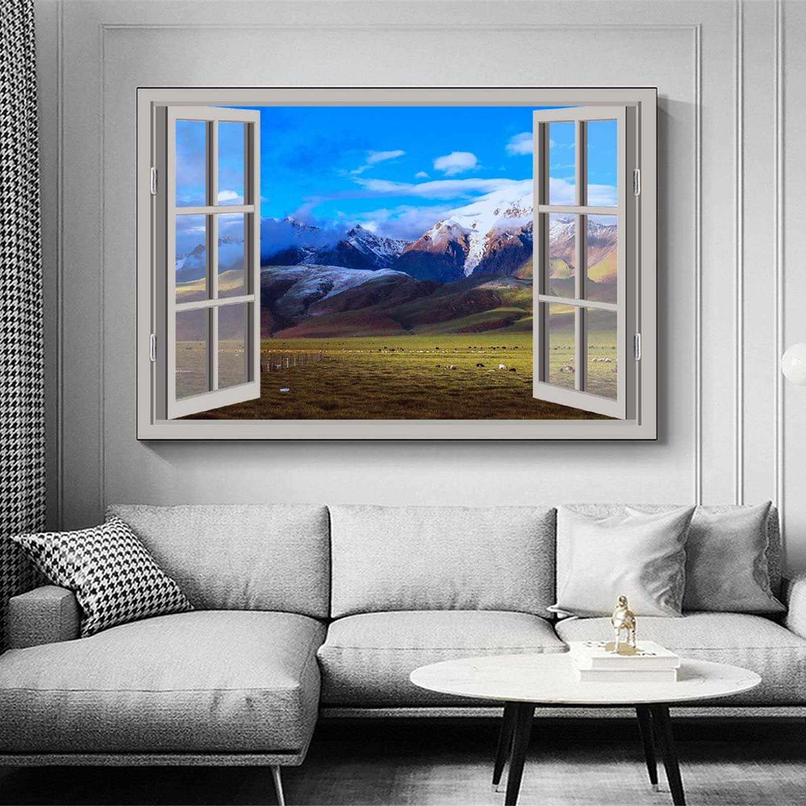 3D Open Window View Grassland Natural Scenery Posters Canvas Painting Modern Wall Art Home Living Room Decor Bedroom Aesthetic M