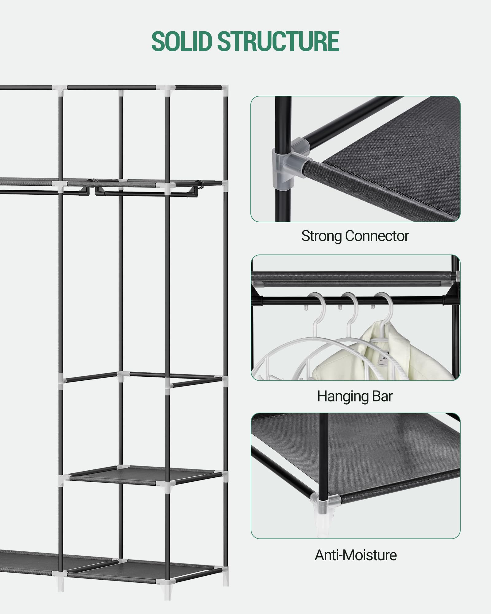 Hzuaneri 67 Inch Closet Wardrobe, Clothes Storage Organizer For Hanging Clothes With Cover, 4 Hanging Rods, 9 Storage Shelves, P