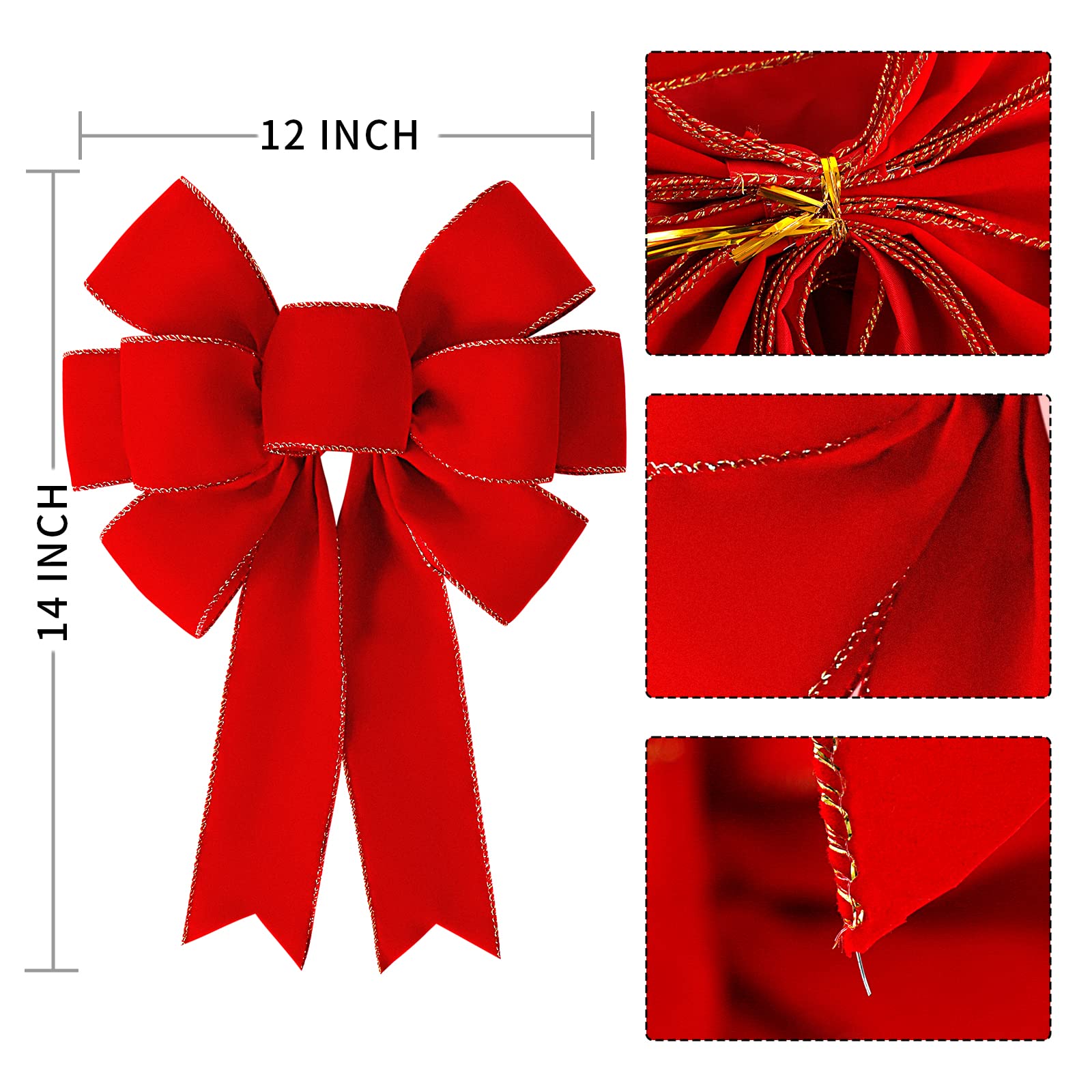 Red Christmas Bows Decorations Big Velvet Bow with Wired Gold Border for Tree Topper, Wreaths, Outdoor, Garland, Outside (12 * 1