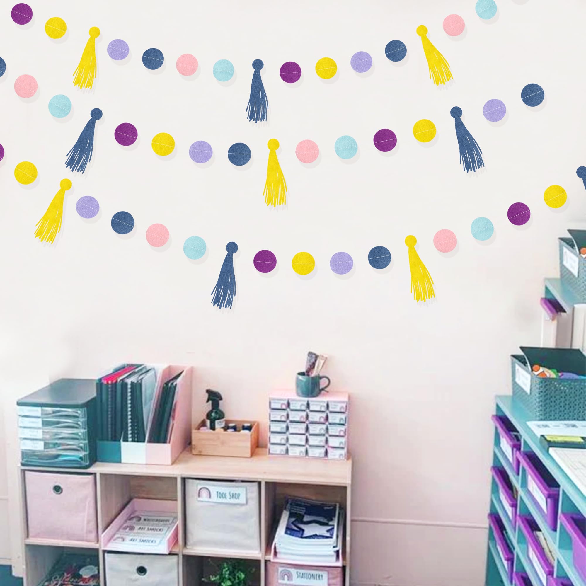 Oh Happy Day Decorations Navy Blue Yellow Purple Pink Felt Tassel Circle Dot Garland Banner Hanging Polka Dot Streamer For Boho