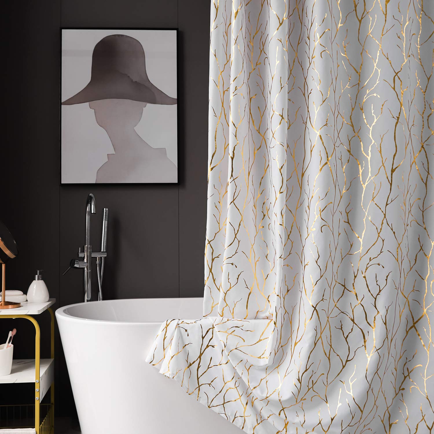 Finecity White Shower Curtain With Gold Branch Pattern 12 Hooks Included, 72 X 72 Inch, 1 Panel