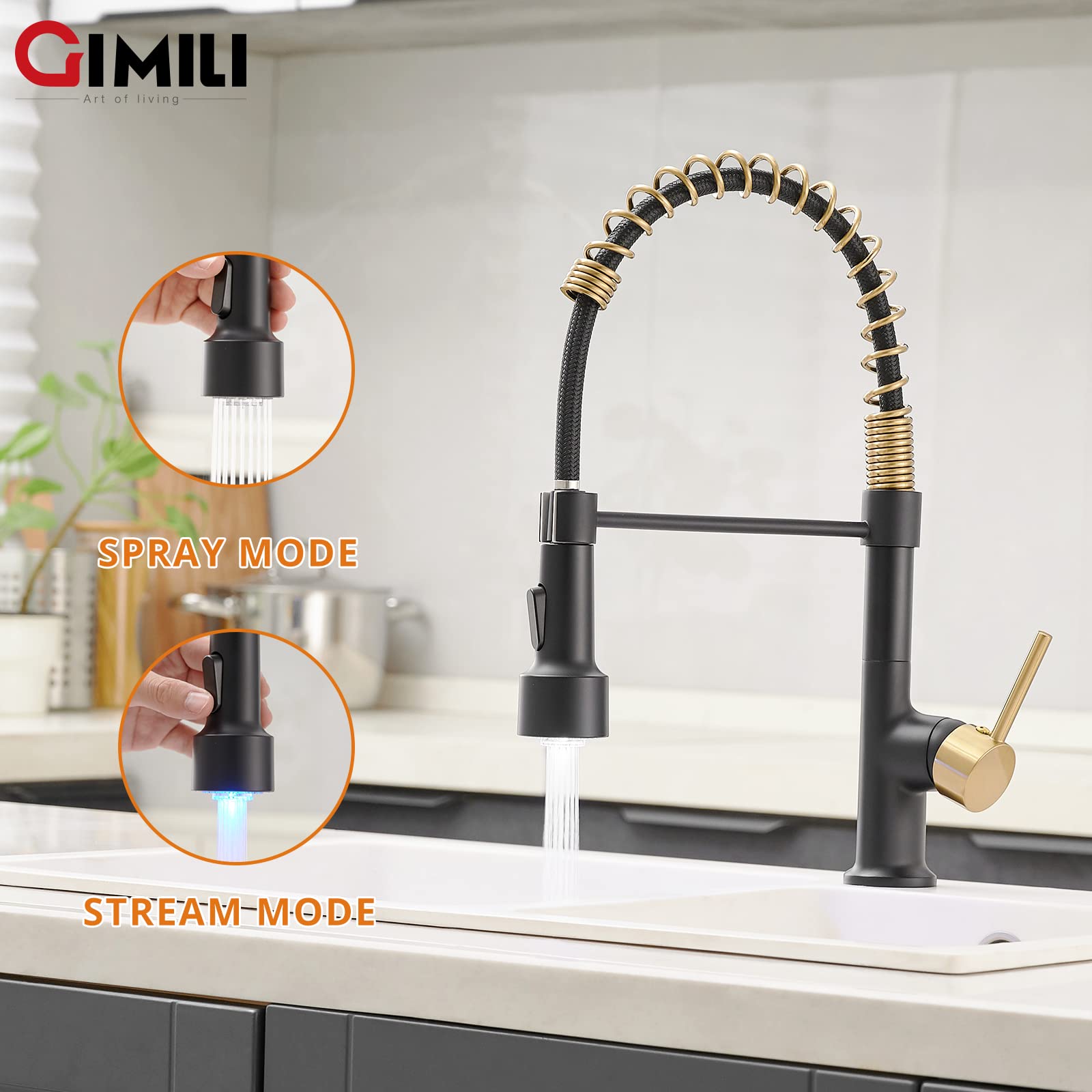 Gimili Black And Gold Kitchen Faucet With Pull Down Sprayer Led Kitchen Sink Faucet
