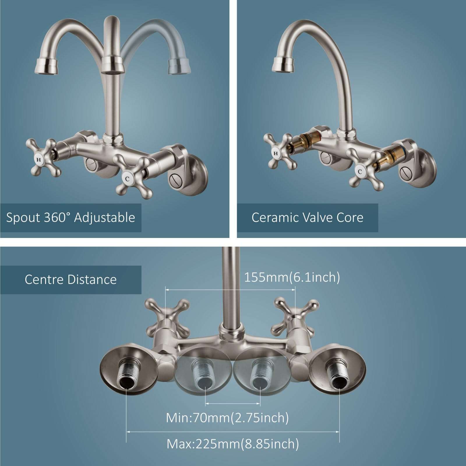 Aolemi Wall Mount Kitchen Faucet 6 Inch Center With Swivel Spout Adjustable Spread 2 Cross Handle Basin Sink Mixer Tap, Brushed