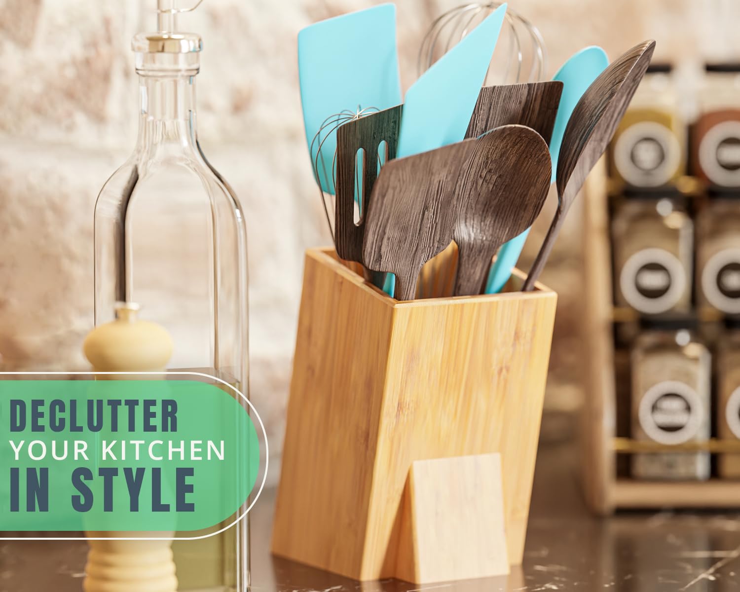 Bamboo Utensil Holder For Countertop - Large Upright Modern Organizer - Utensil Crock For Kitchen Counter By Comfify