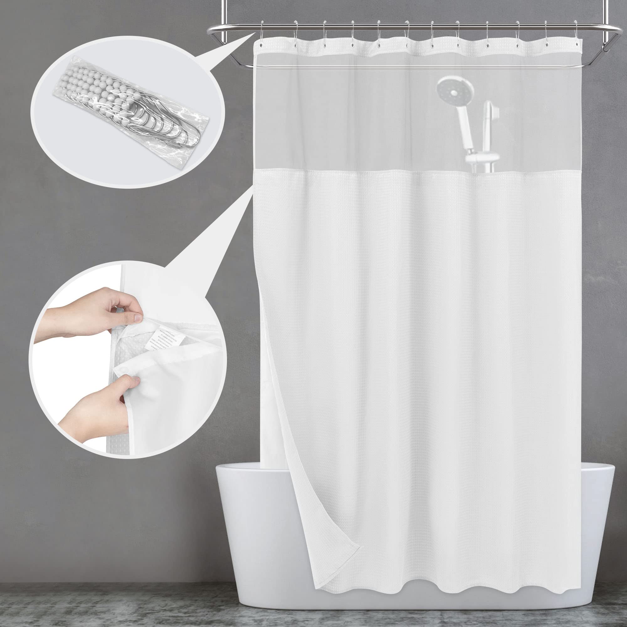 N&Y Home Extra Long Waffle Weave Shower Curtain With Snap-In Fabric Liner Set, 12 White Hooks Included - 71'' X 84'', Hotel Styl