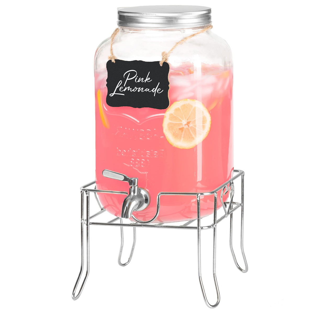 Ilyapa Outdoor Glass Beverage Dispenser With Sturdy Metal Base & Stainless Steel Spigot -2 Gallon Drink Dispenser For Lemonade,