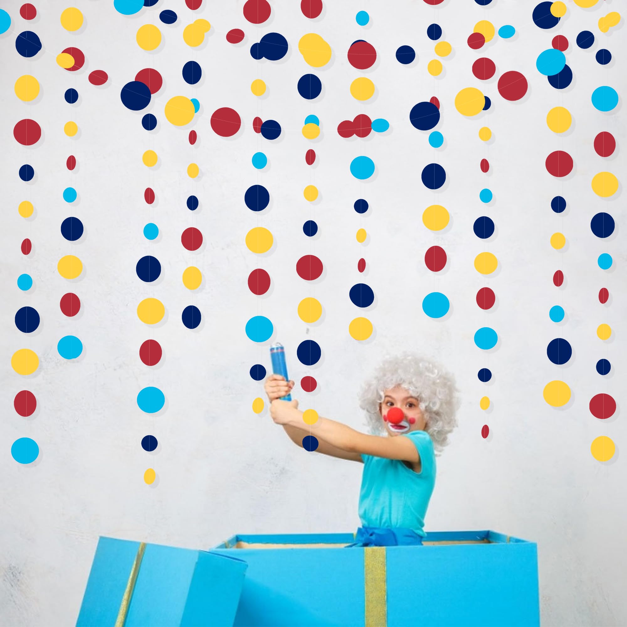 Red Blue Yellow Party Decorations Circle Dots Garland Hanging Paper Polka Dot Streamer For Carnival Circus Clown Fiesta Festival