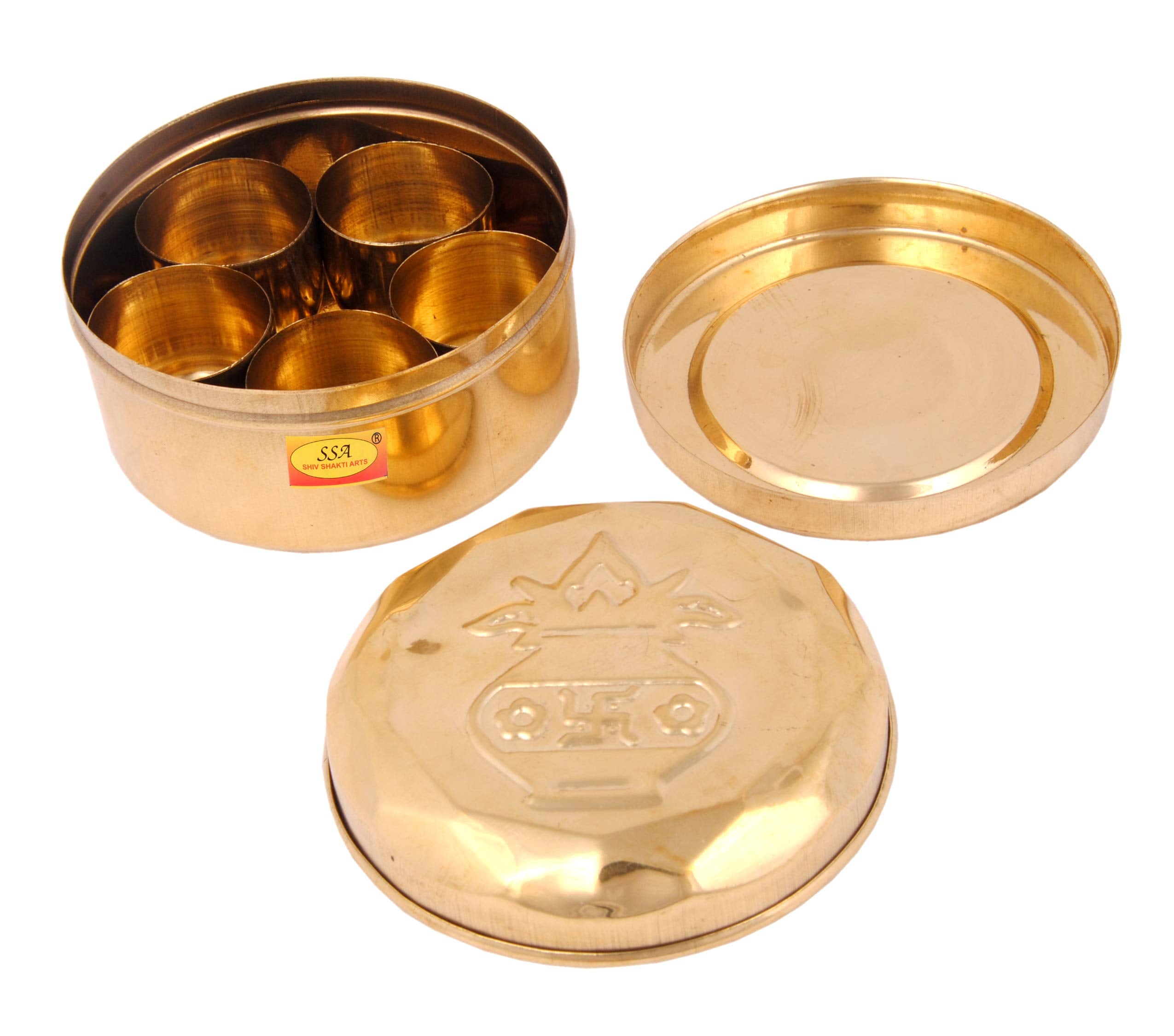 Shiv Shakti Arts Pure Brass Box - Small Mandir Roli / Chawal / Chandan /Kumkum Puja Box / Dibbi With 5 Containers (Small | Diame