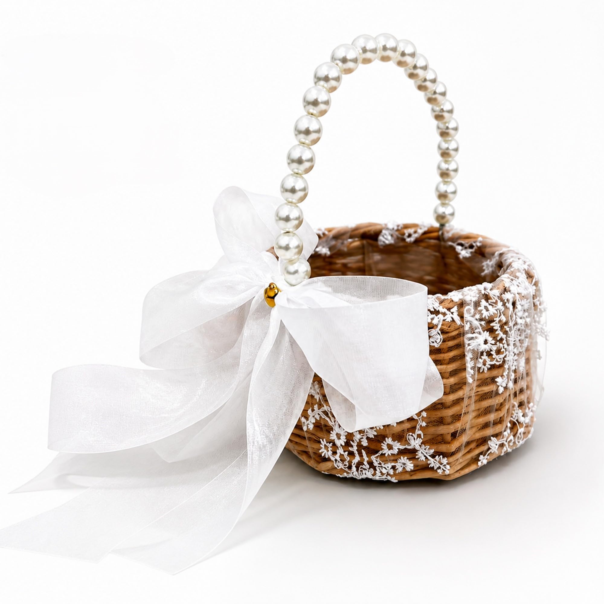LUNLUN HOME Flower Girl Basket with Pearl Handle, Lace Wedding Basket, 6 Inch Rustic Wicker Basket for Wedding Ceremony, Ring Be