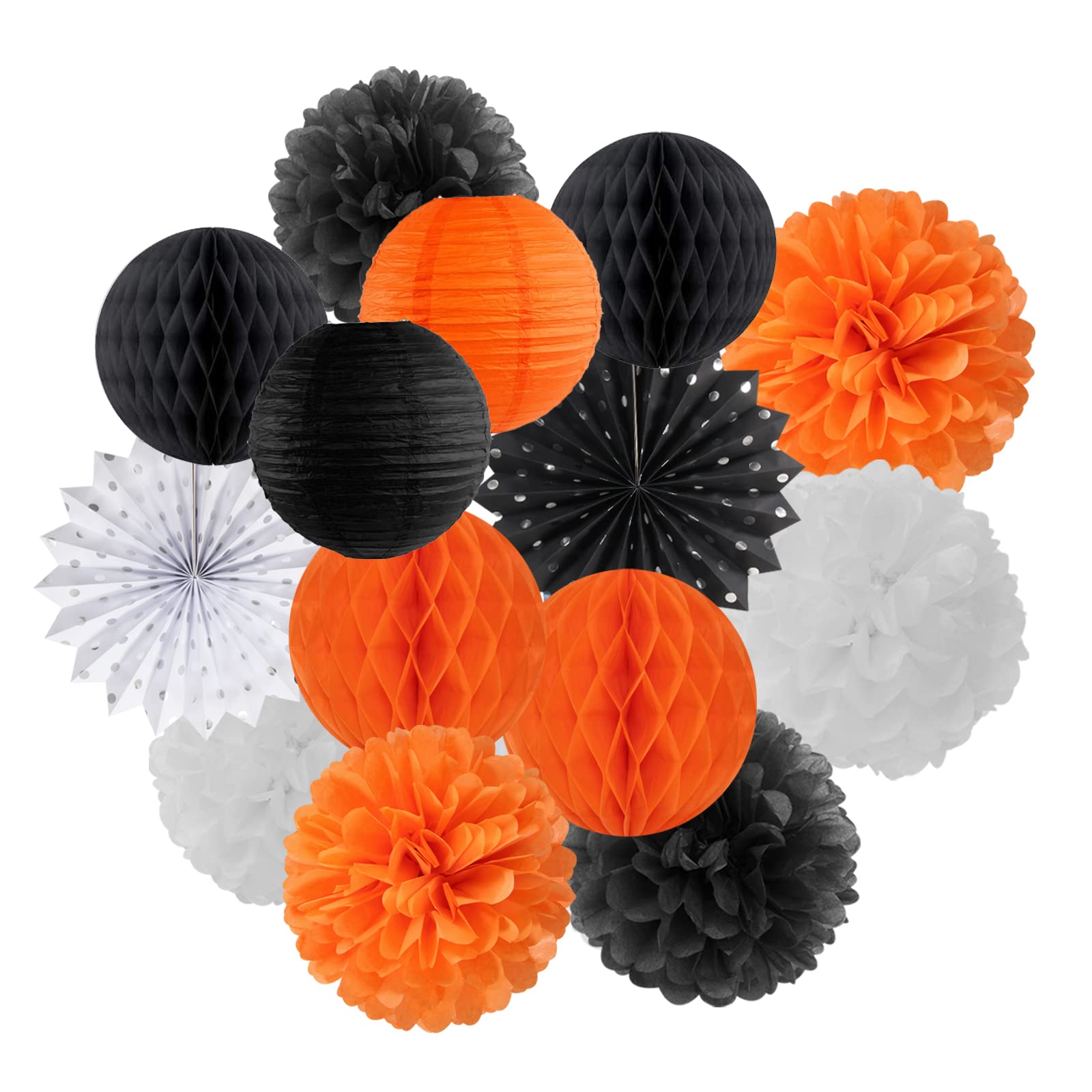 Black Orange White Halloween Party-Decorations - 14Pc Kit Paper Lanterns Fan,Tissue Flower Pom Poms Streamers,Honeycomb Balls,Gr