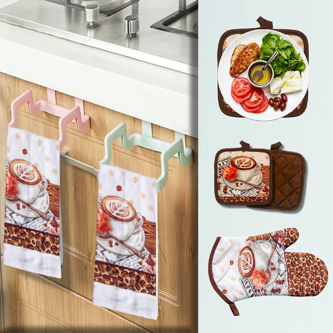 Lobyn Value Packs: 5-Piece Cafa Latte Kitchen Towel Set - Quilted Oven Mitt & 2 Potholders, Perfect For Coffee Lovers