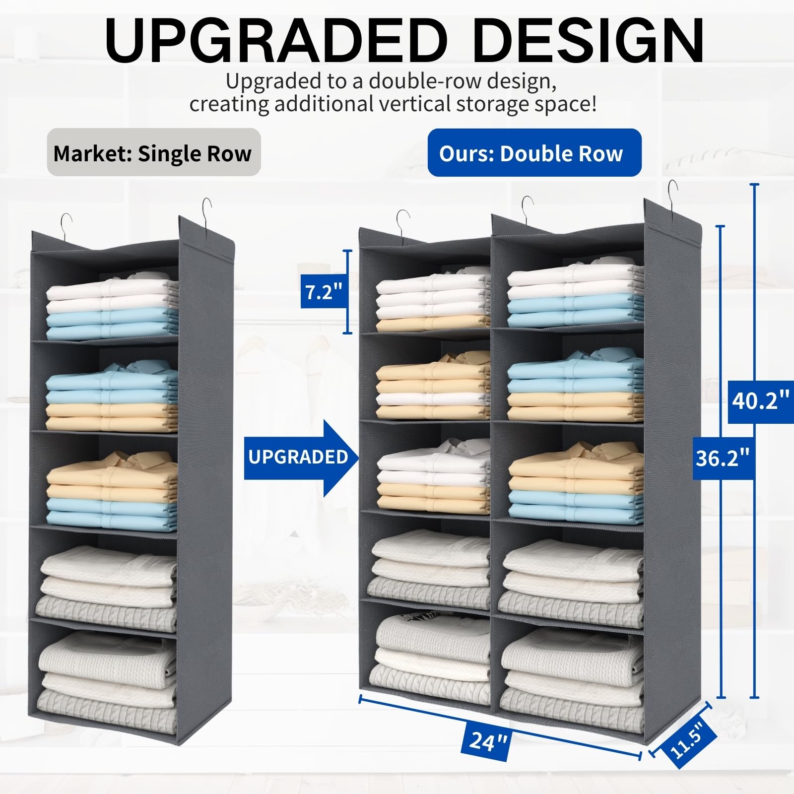 Alltidyup 5 Tier Shelf Hanging Closet Organizer, Dual-Row 10 Pocket Cloth Hanging Shelf With 3 Sturdy Hooks For Storage, Foldabl