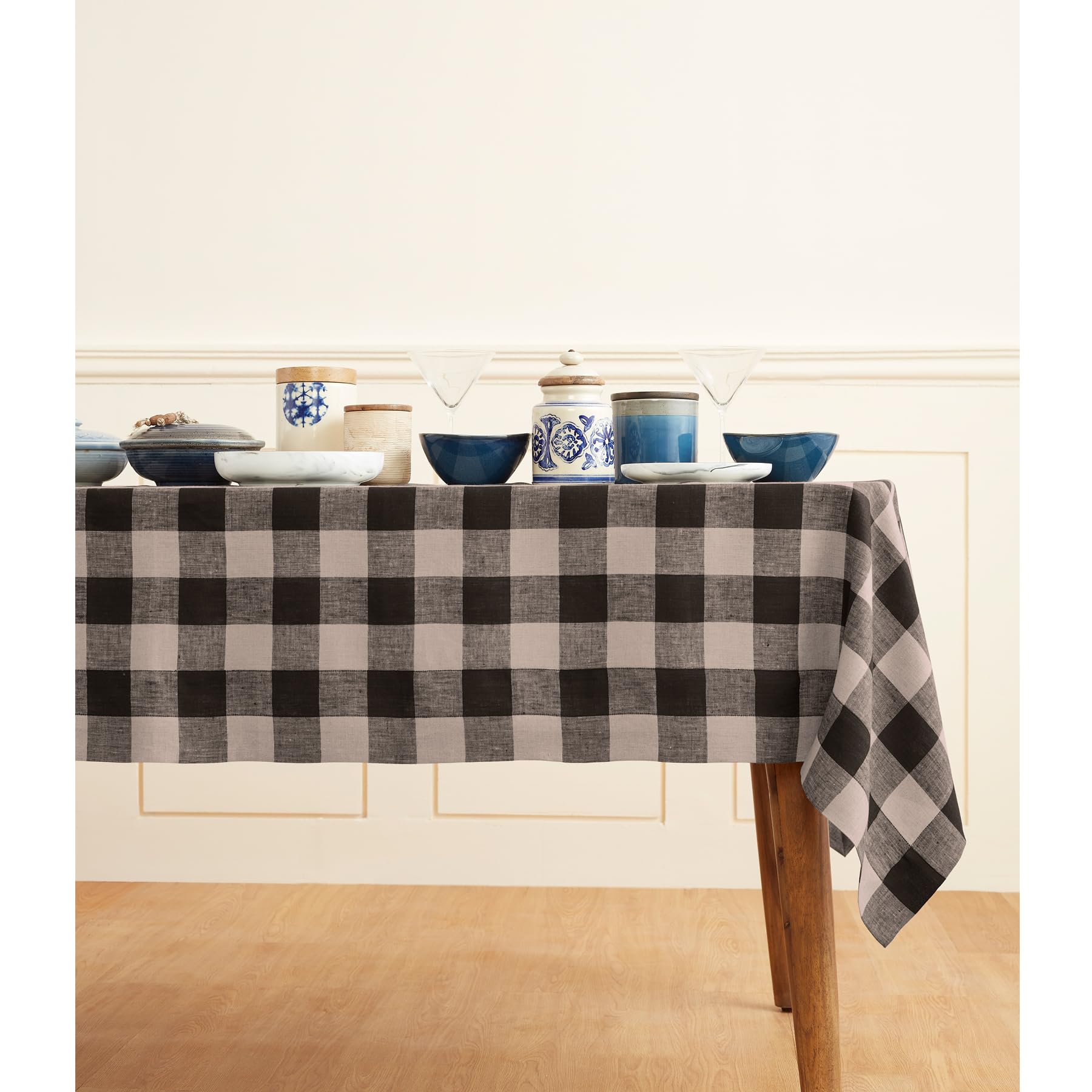 Solino Home Buffalo Check Linen Tablecloth 120 '' L X 60 '' W Inch - 100% Pure Linen Natural And Black Table Cloth For Rectangle