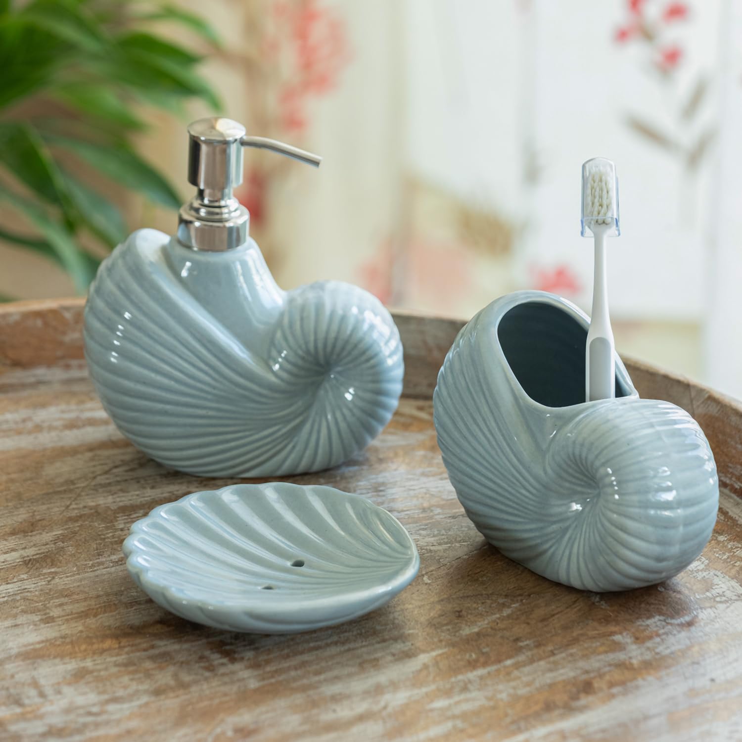 Exclusivelane Sea Shell Comfort Ceramic Soap Dispenser Set For Bathroom Wash Basin Bathroom Accessories Set Of 3 (Liquid Soap 