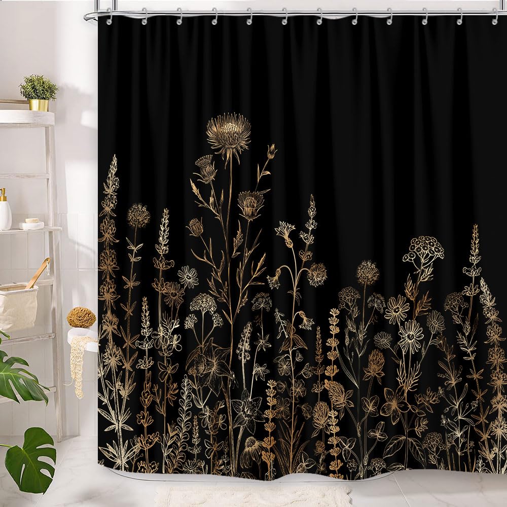 Vintage Black And Gold Boho Shower Curtain, Black And Tan Cream Floral Aesthetic Dark Wildflower Botanical Flowers Shower Curtai