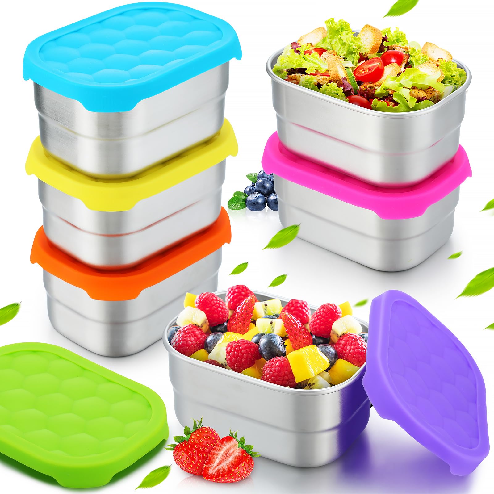 Layhit 6 Pcs Stainless Steel Snack Containers for Kids, 8 oz Leakproof Lunch Containers with Silicone Lids, Reusable Metal Bento