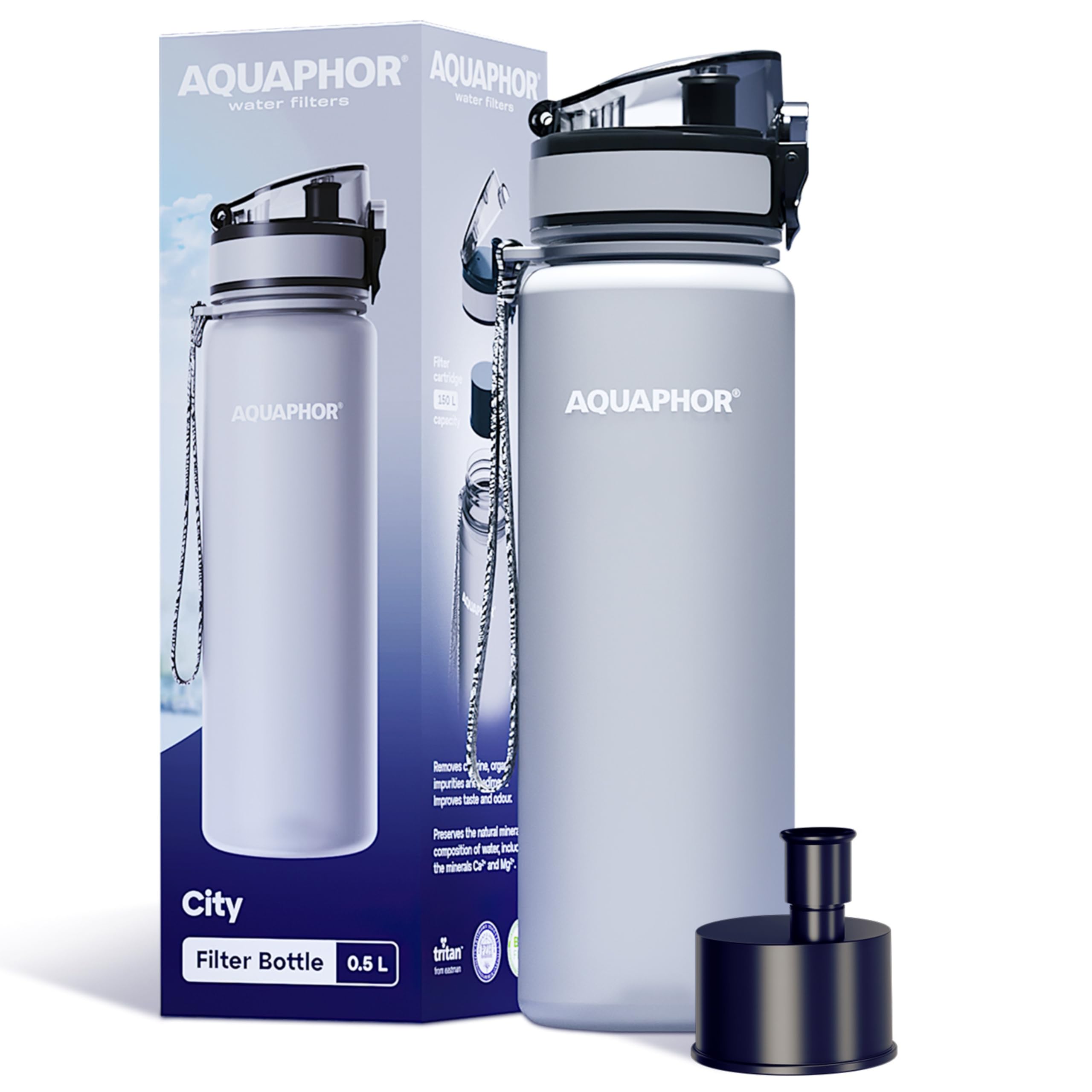 AQUAPHOR City Bottle 500ml Grey  Travel Water Bottle with Activated Carbon Filter  Filters Chlorine & Impurities  Made of Tritan & BPA-Free  Stay Hydrated On The Go!